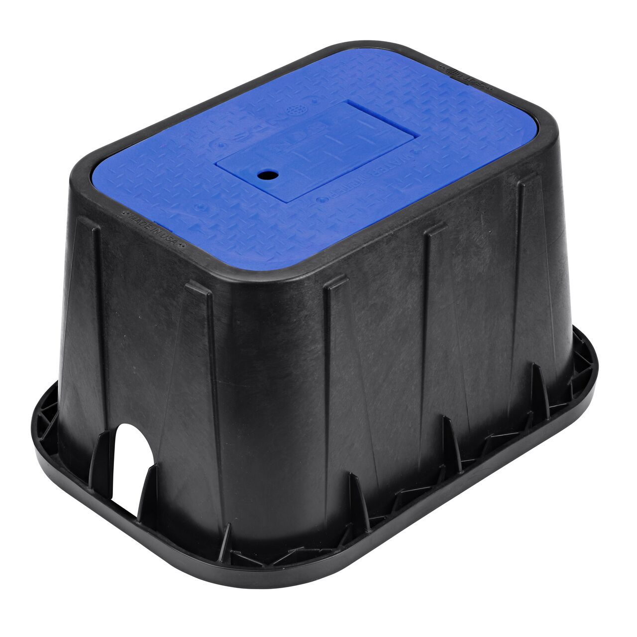 The NDS 14 in. X 19 in. Rectangular Standard Series Meter Box and Cover is a 12 in. high Black box and Blue Cover with Water Meter markings on the Drop-In lid (NDS D1200-DIBLRD) with a Plastic reader door and protects underground irrigation and sprinkler system components and keeps them out of sight
