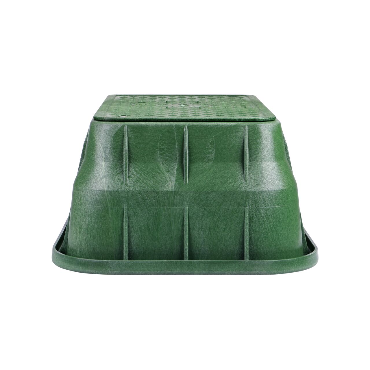 Side view of the shorter width side of the NDS 13 in. X 24 in. Rectangular  Pro-Spec® Series Valve Box & Irrigation Control Valve Cover (NDS 321BCB) rugged enclosure for water and irrigation pipe connections