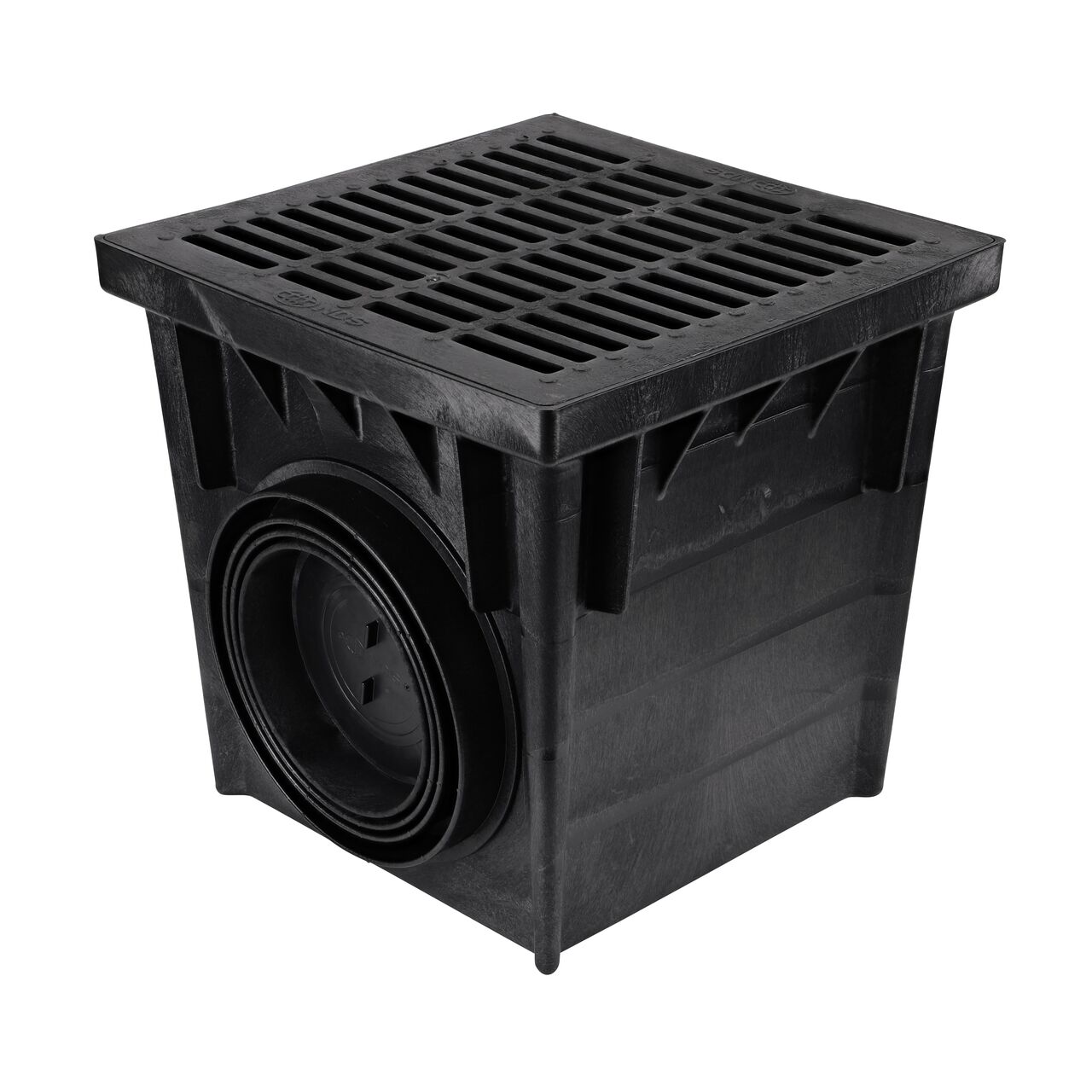 Black plastic 24 in. Catch Basin Drain Kit (NDS 2400BLKIT) set up with a black grate (NDS 2411), adapter (NDS 2410) that connects to 10 & 12  in. drainage pipes, and adapter (NDS 2410) and plug (NDS 1206)