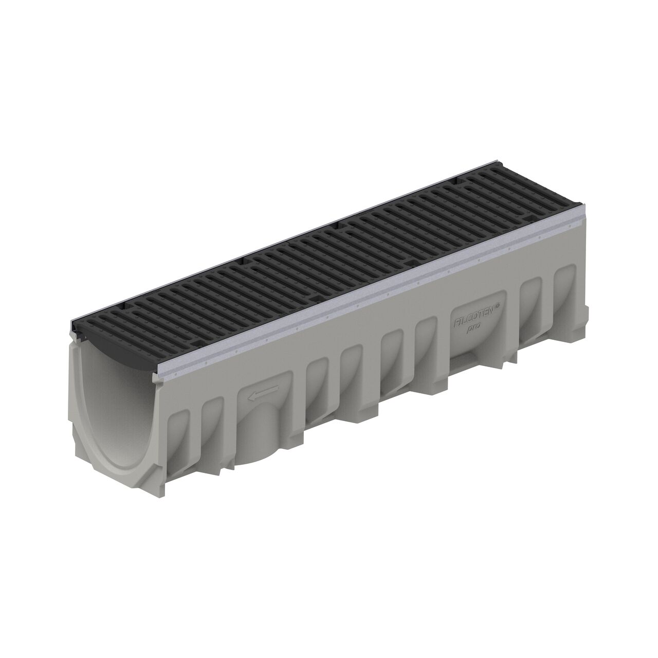 The class E load ductile iron bar design BG-FILCOTEN® 200 Trench Drain Grate (NDS 17020105) installed on the Filcoten 200 Trench Drain with female end showing