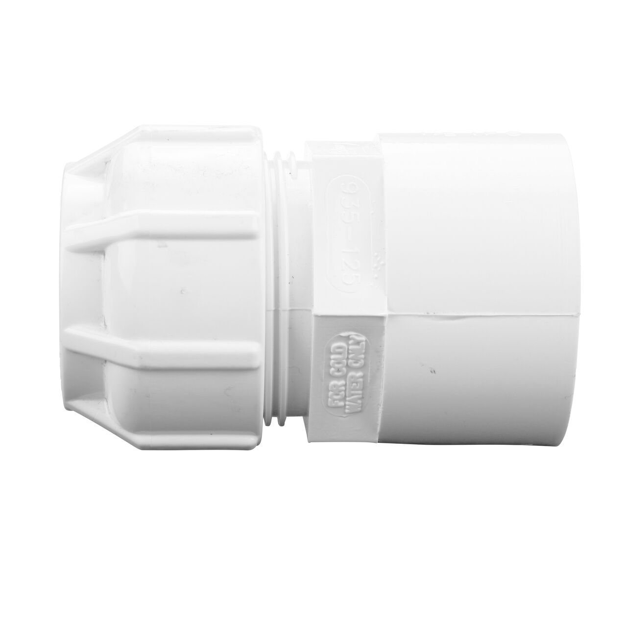 Side View of the NDS 1-1/4 in. CTS FPT X 1-1/2 in. IPS Spigot Flo-Lock™ Gripper Adapter (NDS 935-125) which transports water through pipes and can withstand 200 PSI Static Pressure