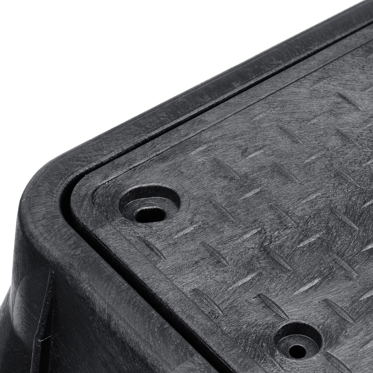 Closeup view of the reinforced edges on the NDS 17 in. X 30 in. Rectangular Standard Meter Box and Cover with Bolt (NDS 125BCDMCIFB)