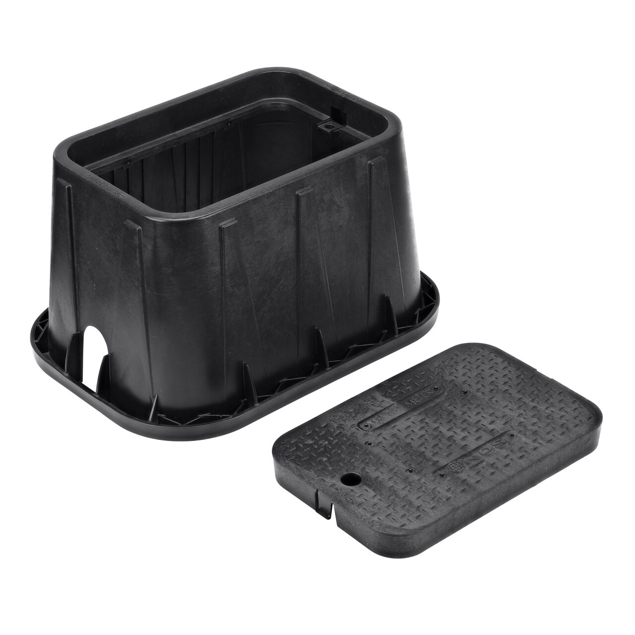 Unassembled View of the NDS 14 in. X 19 in. Black Rectangular Standard Series meter box and Black Water Meter Drop-in cover (NDS D1200-DISB) with universal locking mechanism enabling a variety of bolts and screws to be used to secure the covers