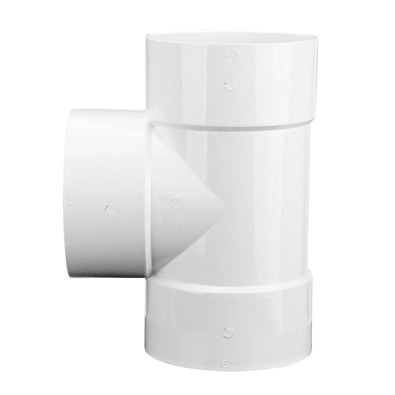 Vertical side view of the NDS 6 in. PVC Sewer and Drain Tee (NDS 6P01) with Tee opening on left