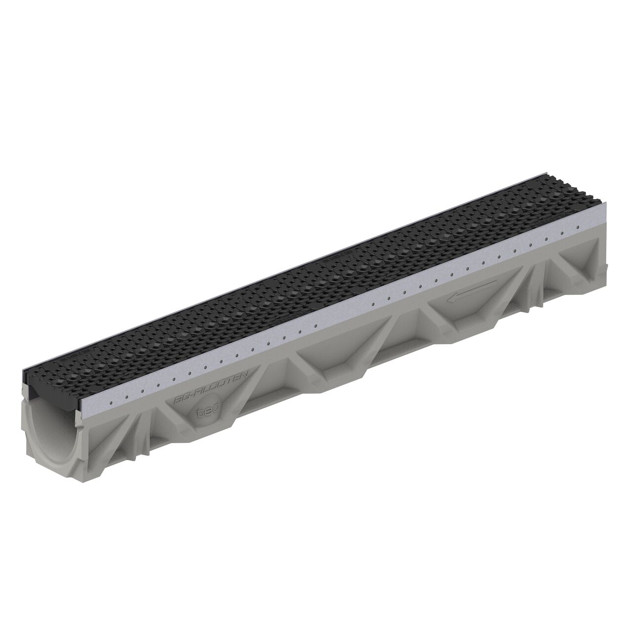 Two class C COMBee design plastic BG-FILCOTEN® 100 Trench Drain Grate (NDS 17010402) installed on the BG-FILCOTEN® 100 Trench Channel Drain with female end showing