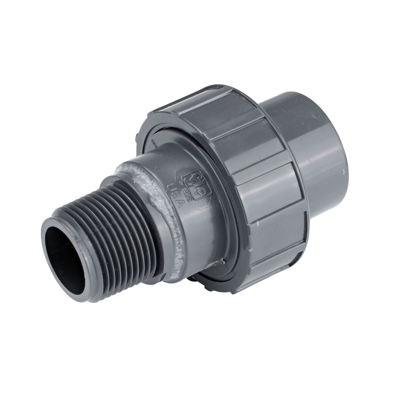 NDS 1 in. PVC Union is an easy-fit coupling with one slip end that slides onto 1 in. Sch. 80 pipe end and one side threaded for 1 in. MPT pipe end for pool and spa, irrigation, and plumbing installations (NDS U-1000-SM)