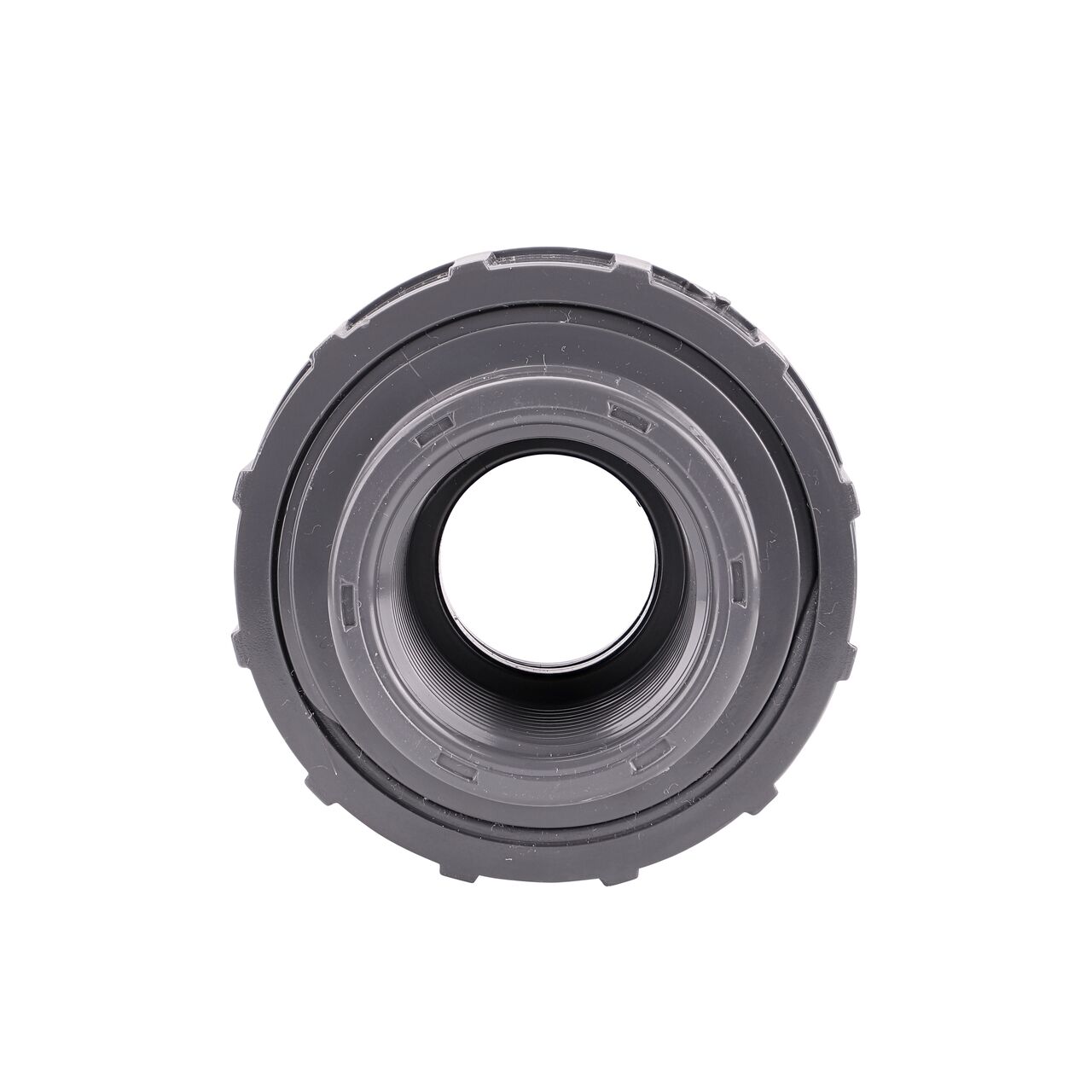 The inside of the threaded NDS 1 in. PVC Union which allows water to flow through while preventing leaks and made of durable PVC plastic (NDS U-1000-T)
