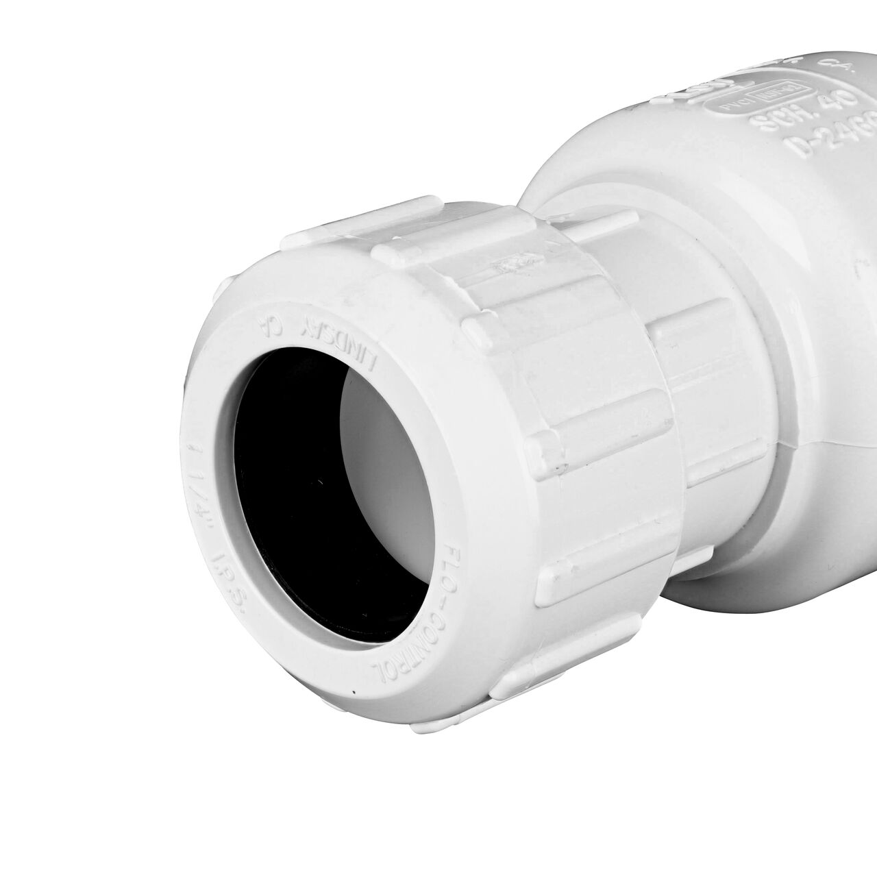 Closeup of the non-sloped inlet compression end of the NDS White 1-1/4 in. PVC Compression Swing Check Valve (NDS 1500-12)