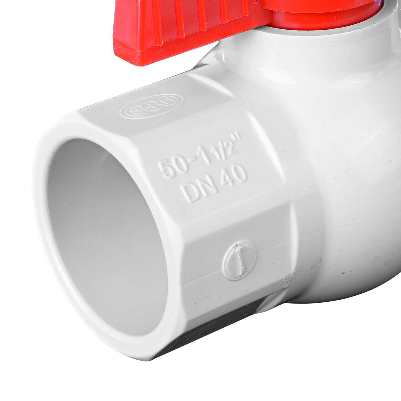 Closeup of the NDS IPS Ball Valve showing the stem that is made of durable PVC material (NDS E1410-15)