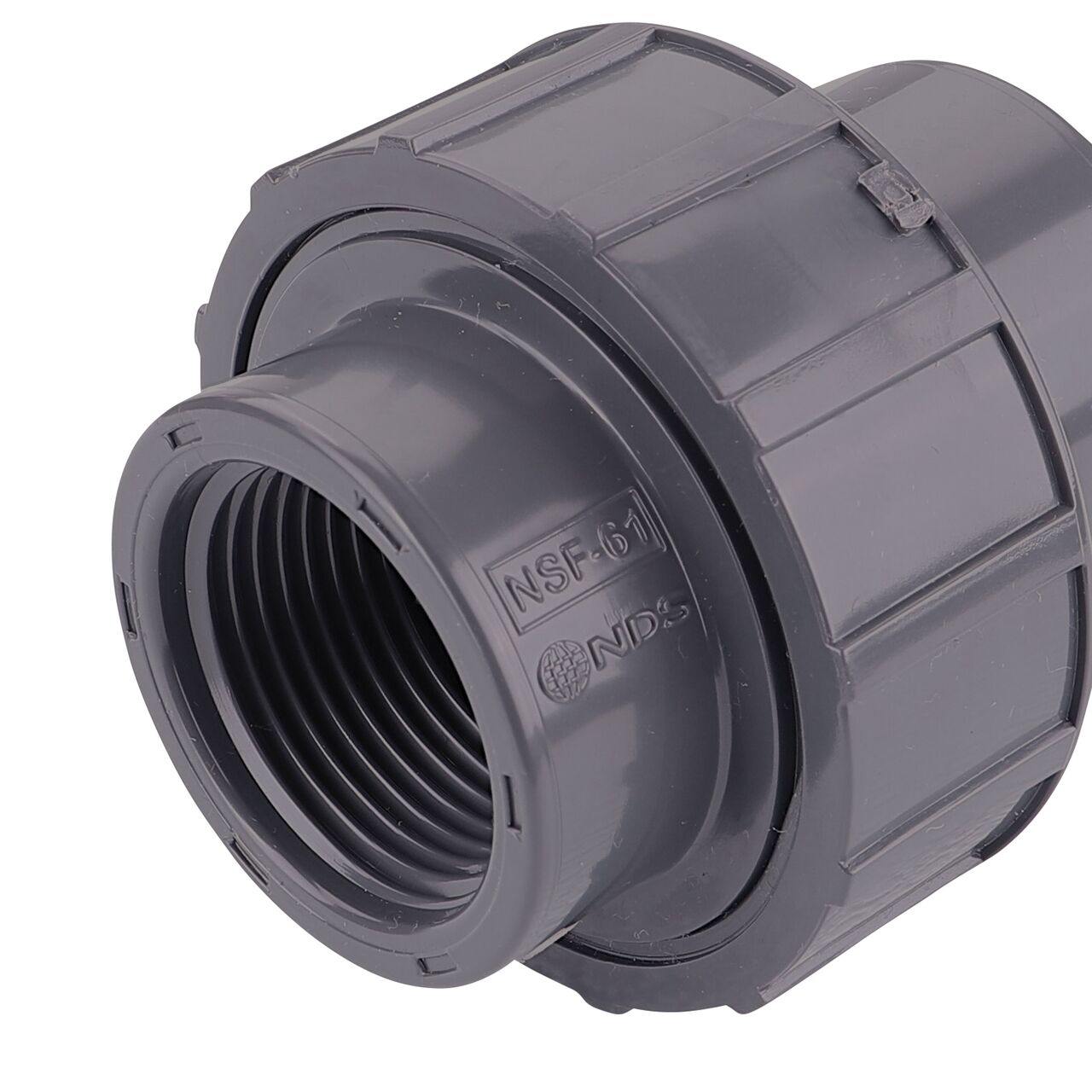 Closeup view of one threaded end on the NDS 1 in. PVC Union (NDS U-1000-T) which provides a corrosion-free connection between pipes and prevents costly property damage