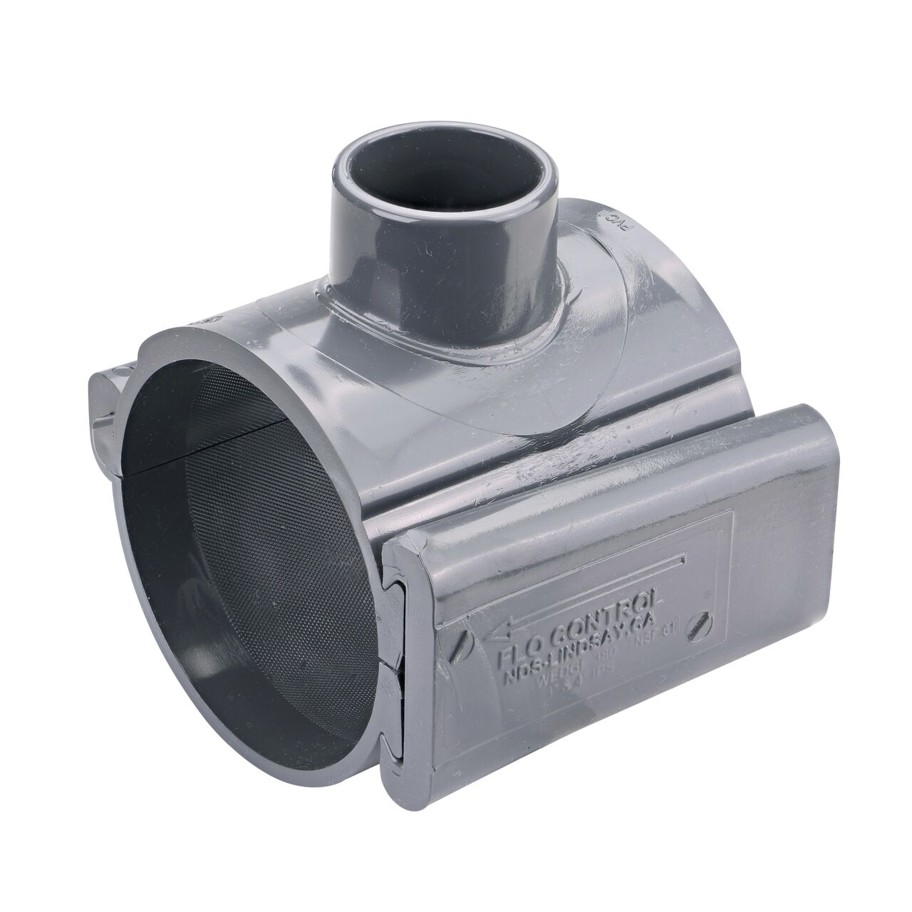The NDS Clamp-It™ Rigid PVC Saddle with 1-1/2 in. slip connection on top (NDS 454015) for 4 in. PVC pipe has a patented wedge design to install a sprinkler irrigation system to existing pipe without any bolts