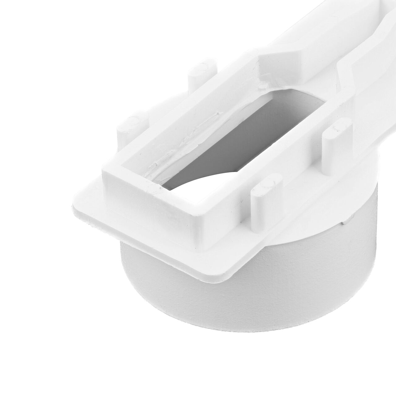 Closeup of the tabs in the back of the NDS White Micro Channel™ Drain End Outlet (NDS 8461)
