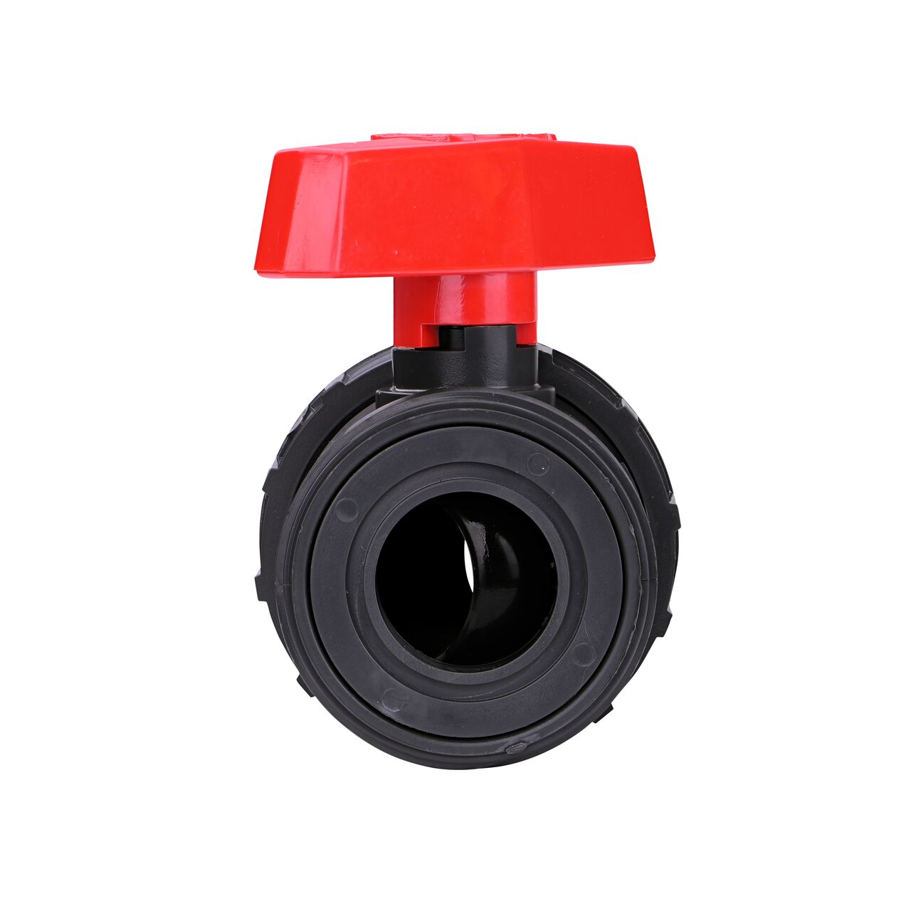 The The 1-1/2 in. PVC Slip & Threaded True Union Ball Valve shown with the connection end removed with the handle in the half-way closed position to show how ball valve provides a shut off point in the system