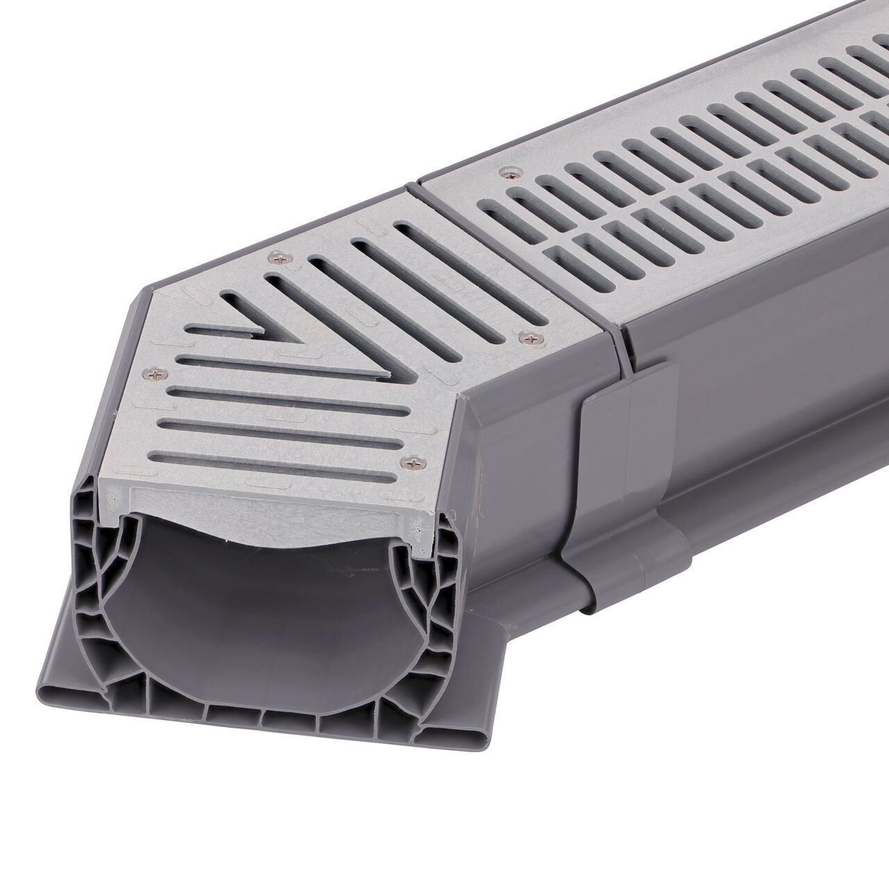 Connect one end of the NDS Spee-D® Channel Drain and Grate with 45° Elbow, Gray Plastic (NDS 2301*) to a Spee-D® Channel Drain and Grate (NDS 241-1*) with the Spee-D® Channel Drain Coupling (NDS 248*) to make a bend in your channel drain system