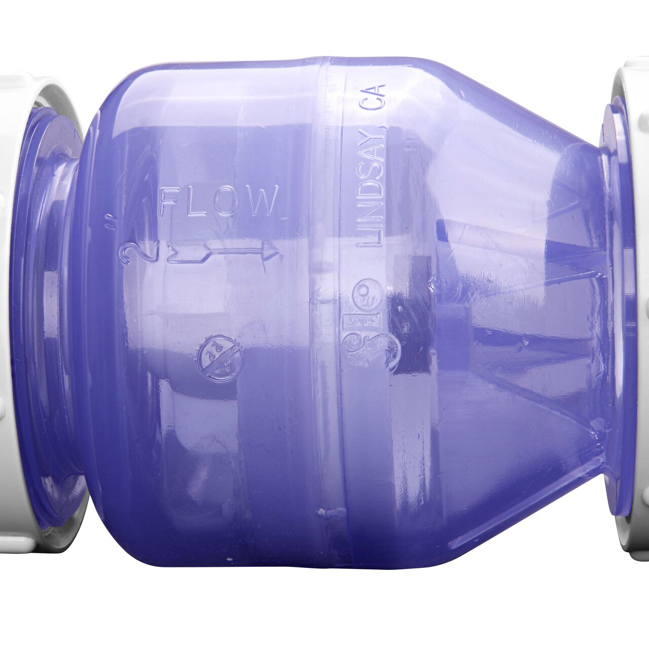 Closeup of the arrow showing water flow direction on the NDS Clear 2 in. slip end by slip end with 1/2 lb. spring PVC True Union Spring Check Valve (NDS 1700C20)