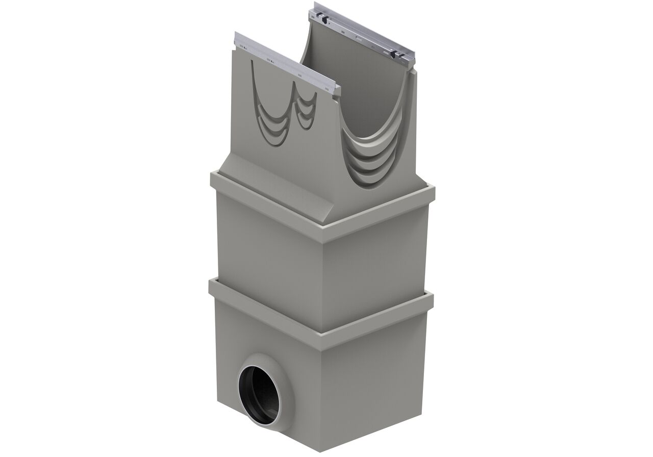 The BG-FILCOTEN® 300 Trench Drain Catch Basin Extension Unit (NDS 19060020) works as a riser for the BG-FILCOTEN® 300 Trench Drain Catch Basin (NDS 10630292); use multiple units to achieve proper height
