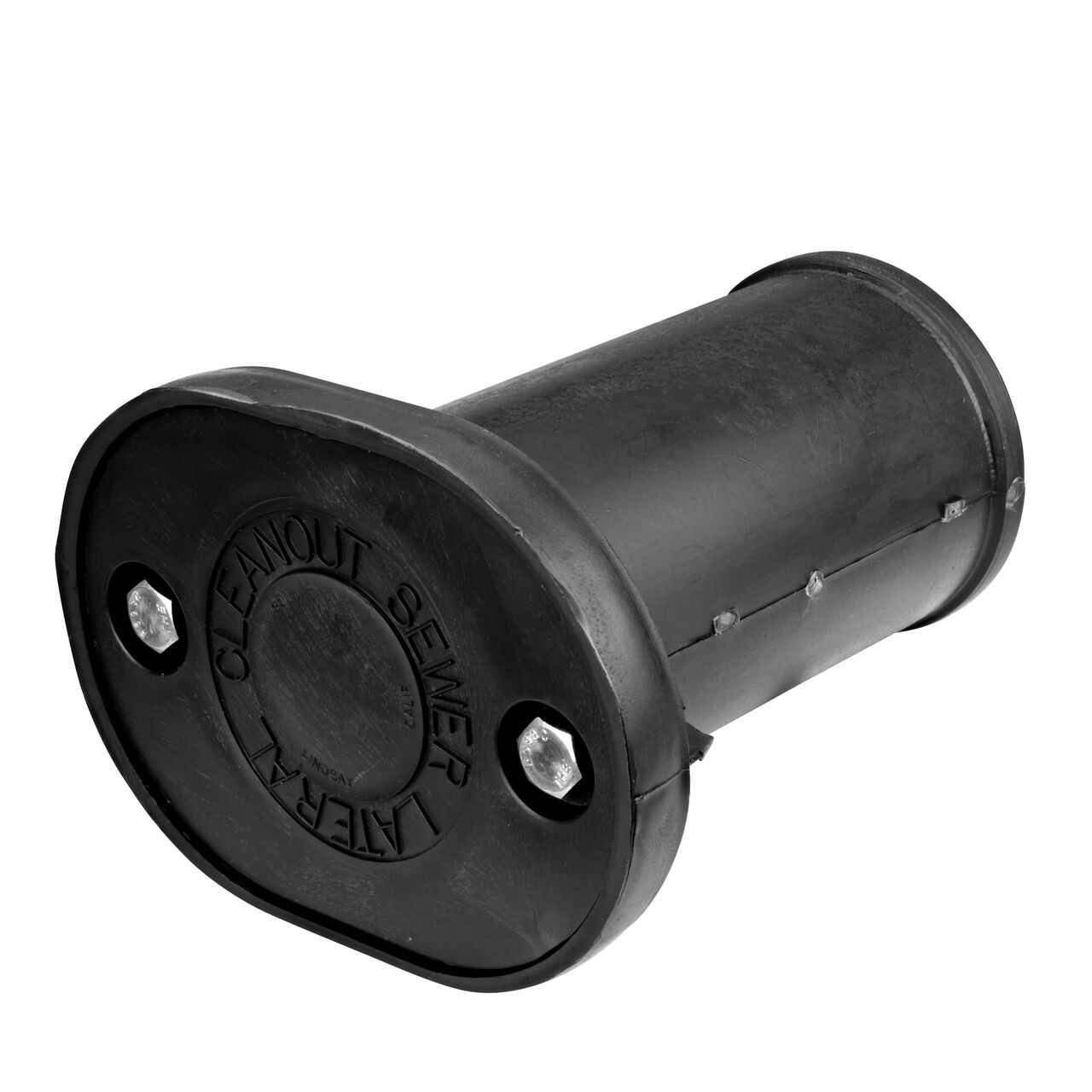 The handle of the NDS Black 4 in. Polypropylene S&D Sewer Cleanout Plug (NDS 22-040) is secured with two bolts