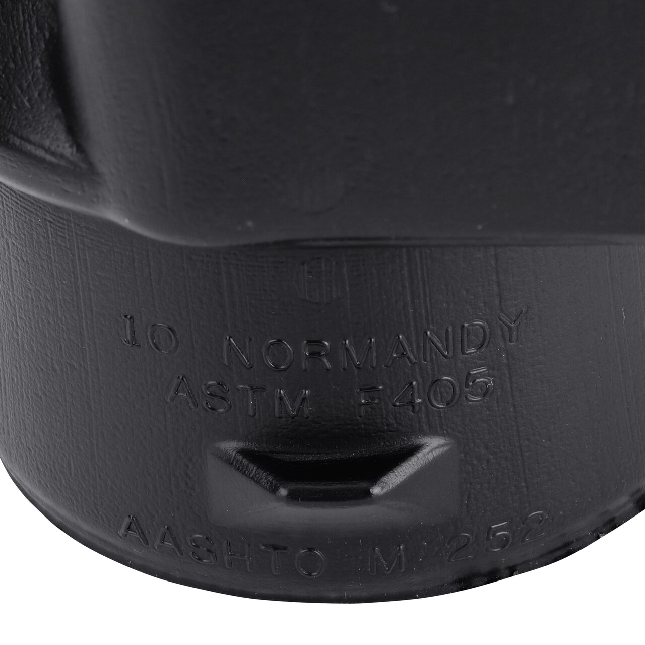 Closeup of the wording on the High-Density Polyethylene Downspout Adapter transitions 3X4 in. Downspout to 4 in. Hub (NDS 344CDS)