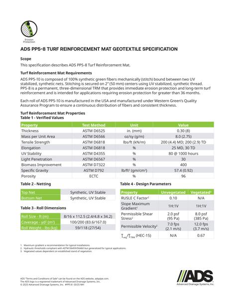 PP5-8 Turf Reinforcement Mat Geosynthetic Specification
