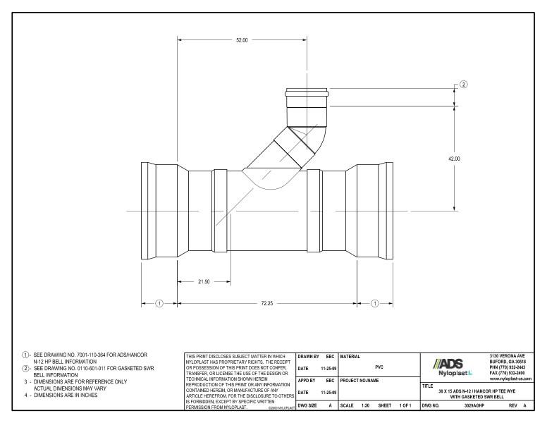30 x 15 HP Tee Wye with Gasketed SWR Bell Nyloplast Detail