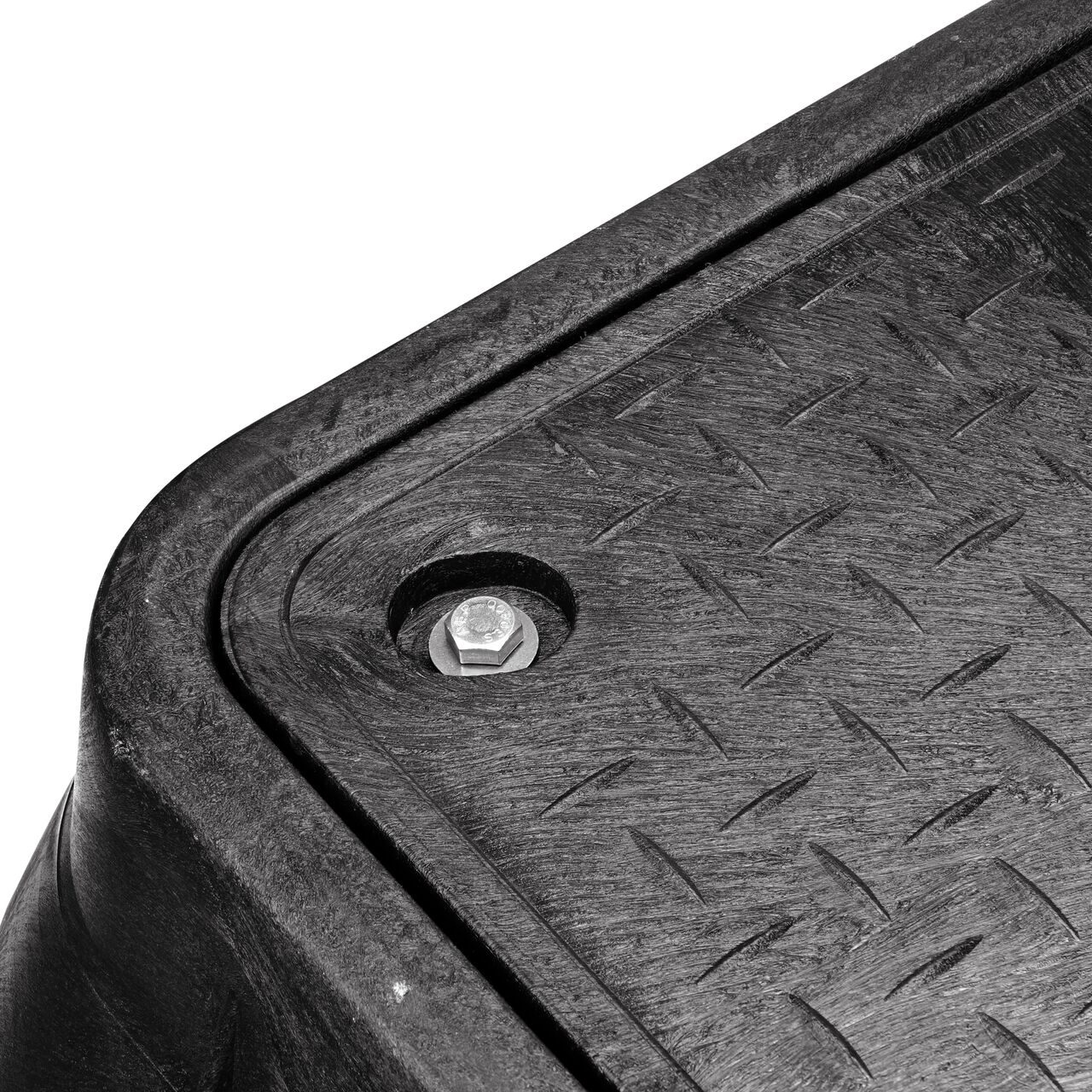 Closeup view of the NDS logo and Water Meter markings on the Black Water Meter cover for the NDS 17 in. X 30 in. Rectangular Pro Series Valve Box (NDS 126BCDMCIFB)