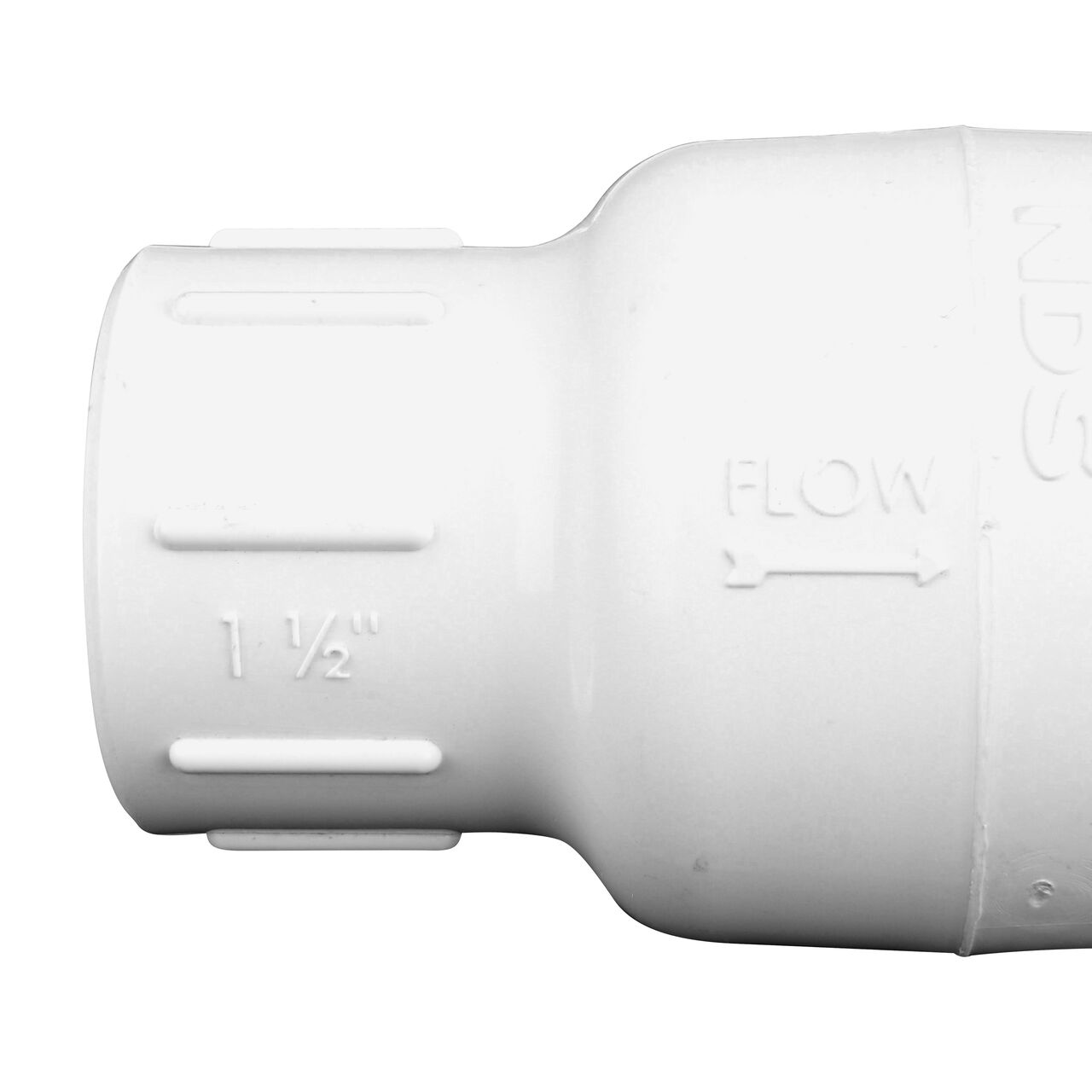 Closeup of the arrow showing water flow of the NDS White 1-1/2 in. slip end by slip end PVC Spring Check Valve (NDS 1011-15, NDS 1012-15)