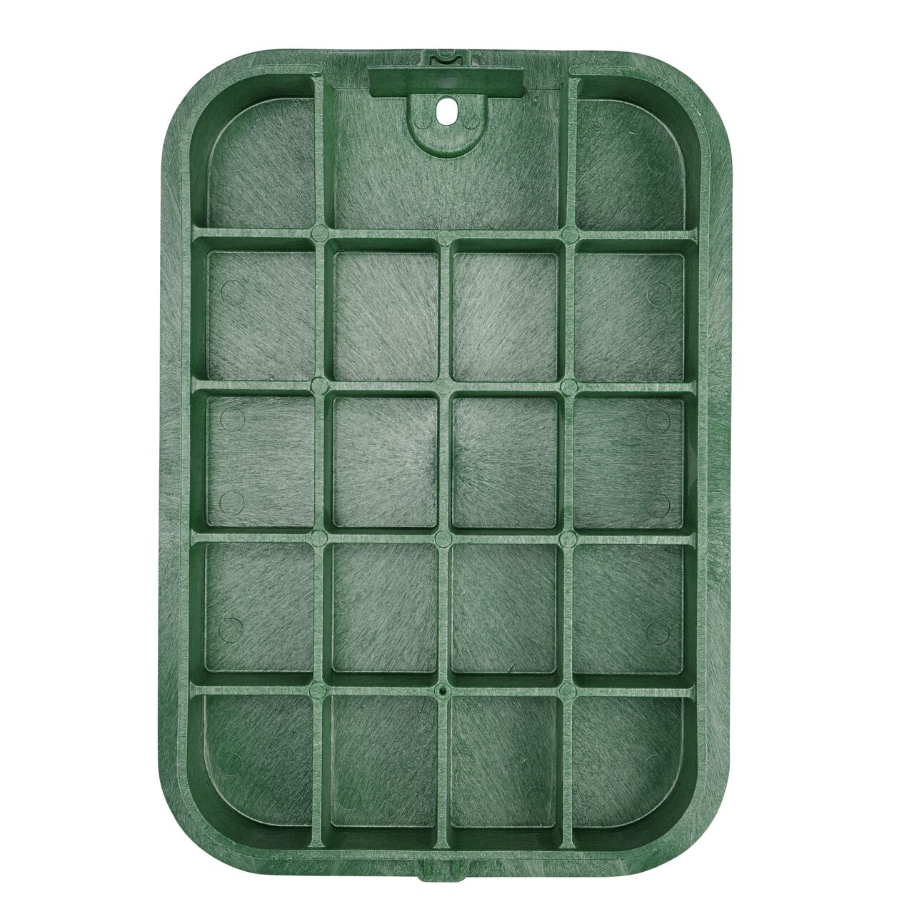 Top down view of the underside side of the green Electrical cover for the NDS 14 in. X 19 in. Rectangular Standard Series (NDS 113BCE) showing reinforcing ribs that are load rated to withstand pedestrian traffic and the rigors of lawn care equipment
