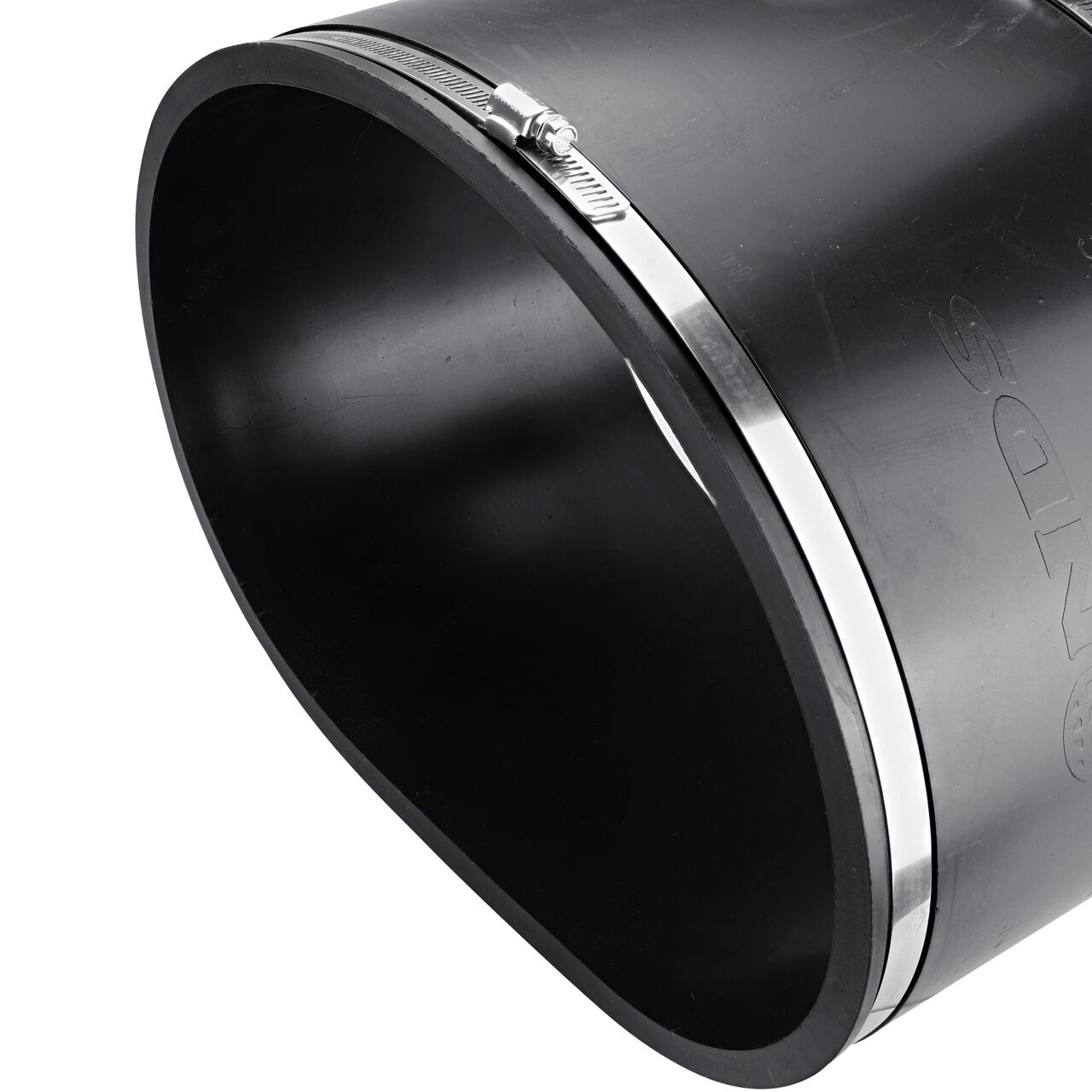 Closeup view of the small end on the NDS 12 in. flex coupling connects two cast iron/sewer and drain or DWV/copper/steel/lead pipes (NDS 56-1212)