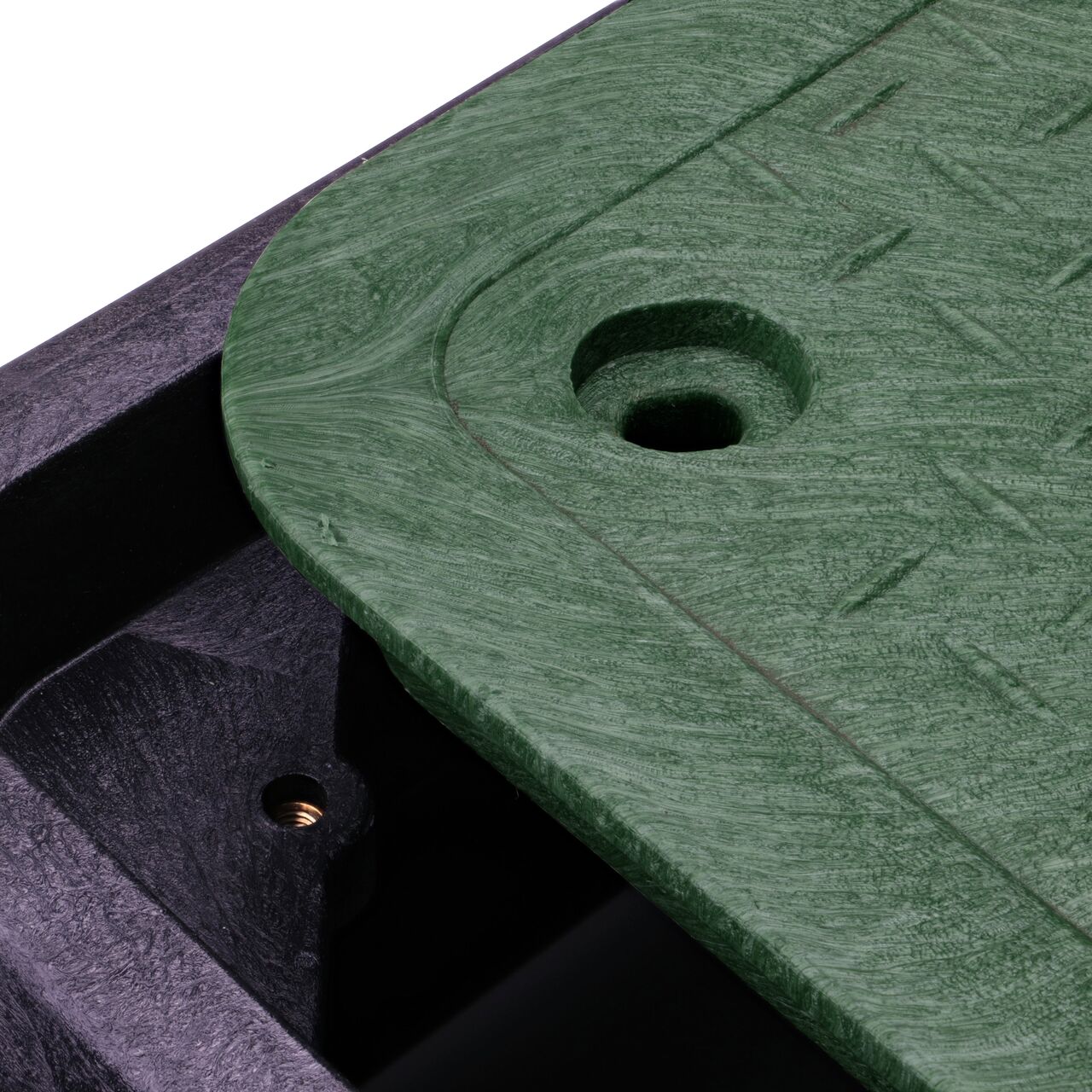 Align the bolt hole on the lid with the bolt hole from the NDS 17 in. X 30 in. Rectangular Pro-Spec Series Black Box and Green Telecom Cover (NDS 326BCBT-BG) for a secure fit
