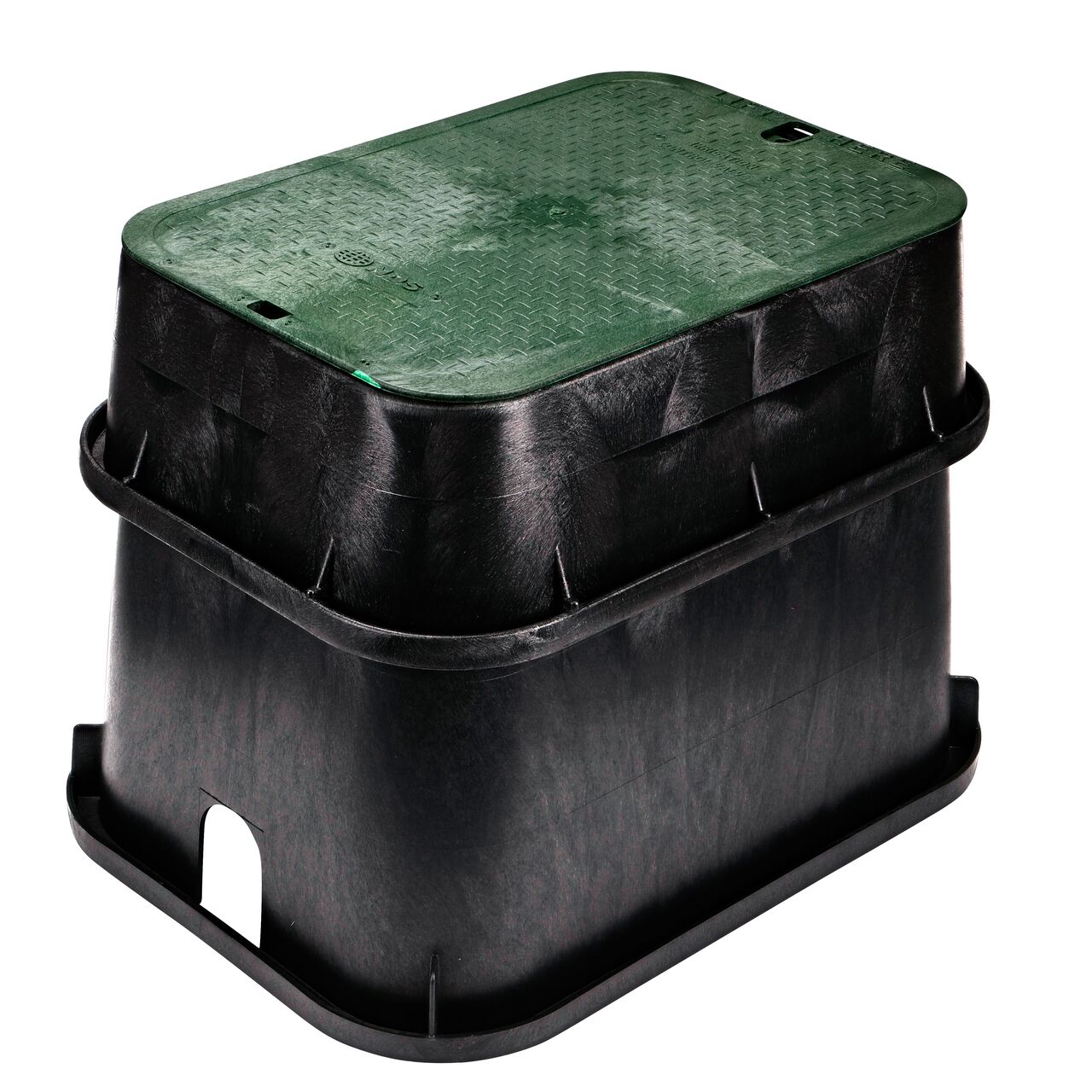 Closeup View of Black 13 x 20 Jumbo Meter Box Extension PVC pipe hole; allows irrigation pipe entry into box interior (NDS 117-6)