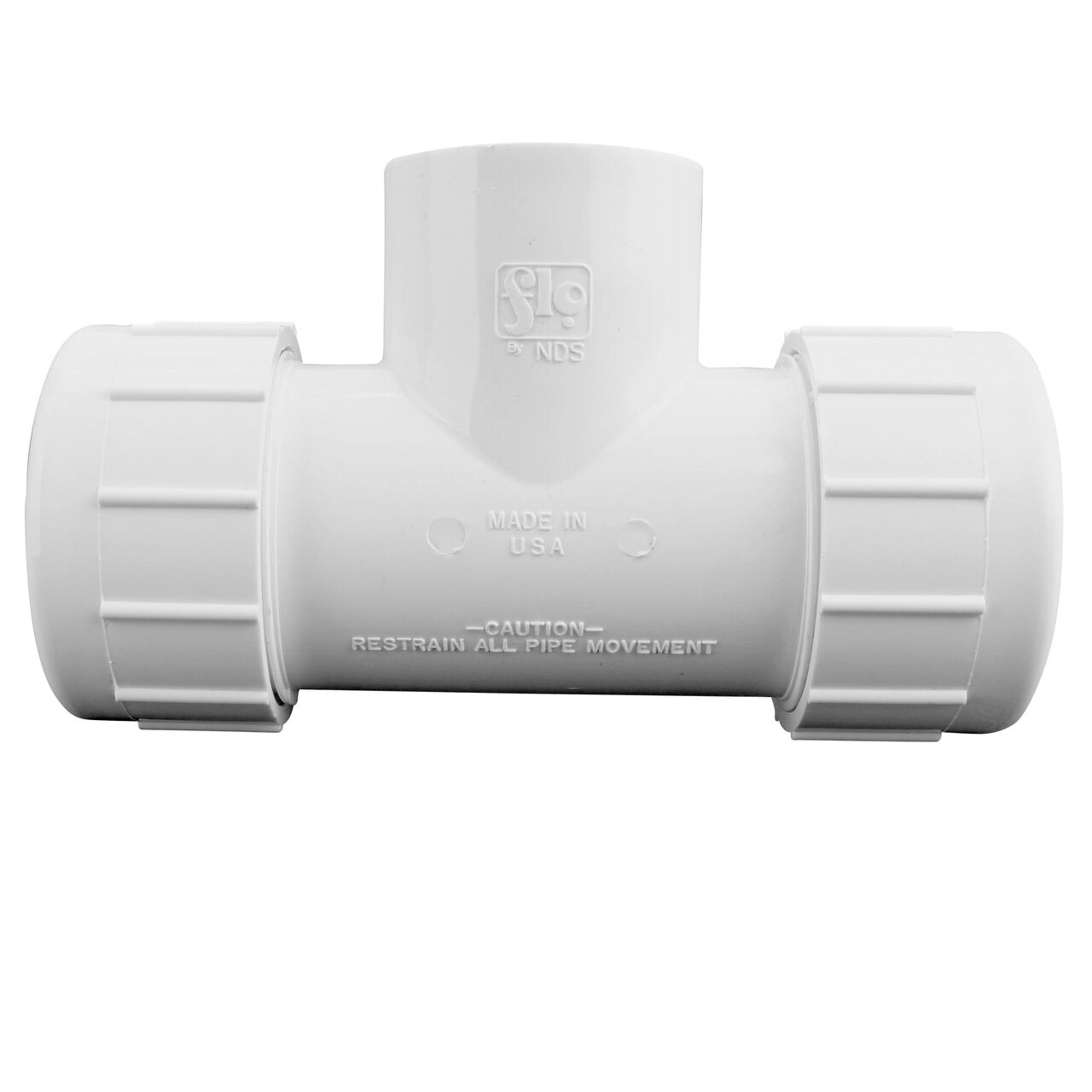 The NDS PVC Threaded Tees has adjustable nut on each compression end that connect onto 1-1/2 in. IPS pipe ends and one FPT end that threads onto a 1-1/2 in. IPS MPT pipe end to provide a corrosion-free connection (NDS CPT-1500-T)