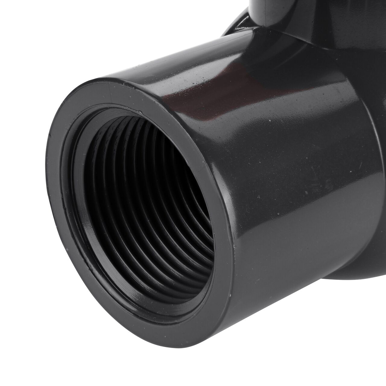 Closeup of the NDS IPS Ball Valve showing the stem that is made of durable PVC material (NDS E1620-10)