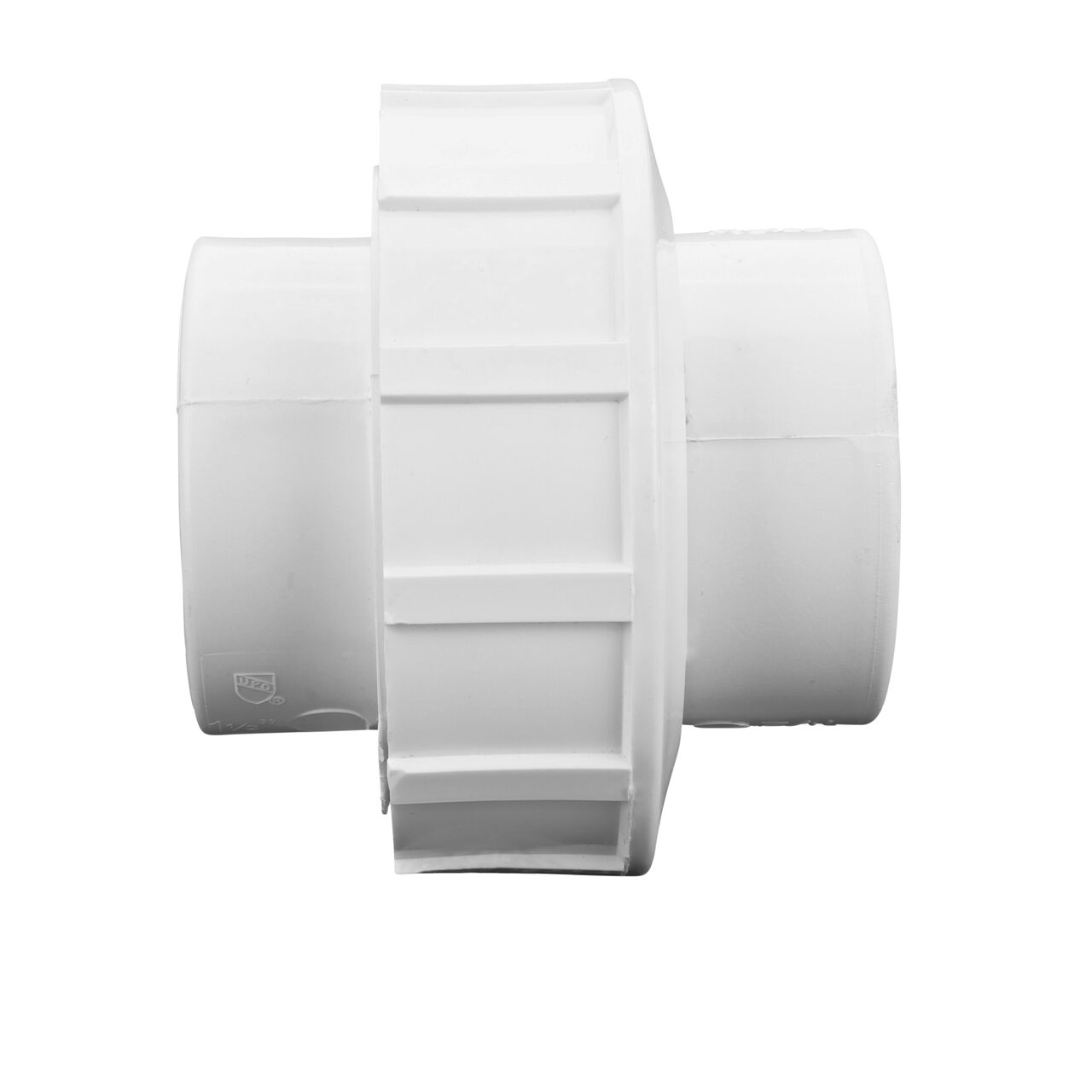 Side view of PVC Union, 1-1/2 in. Sch. 40 S X S showing two slip ends that slide onto Sch. 40 pipe ends (NDS WU-1500-S)