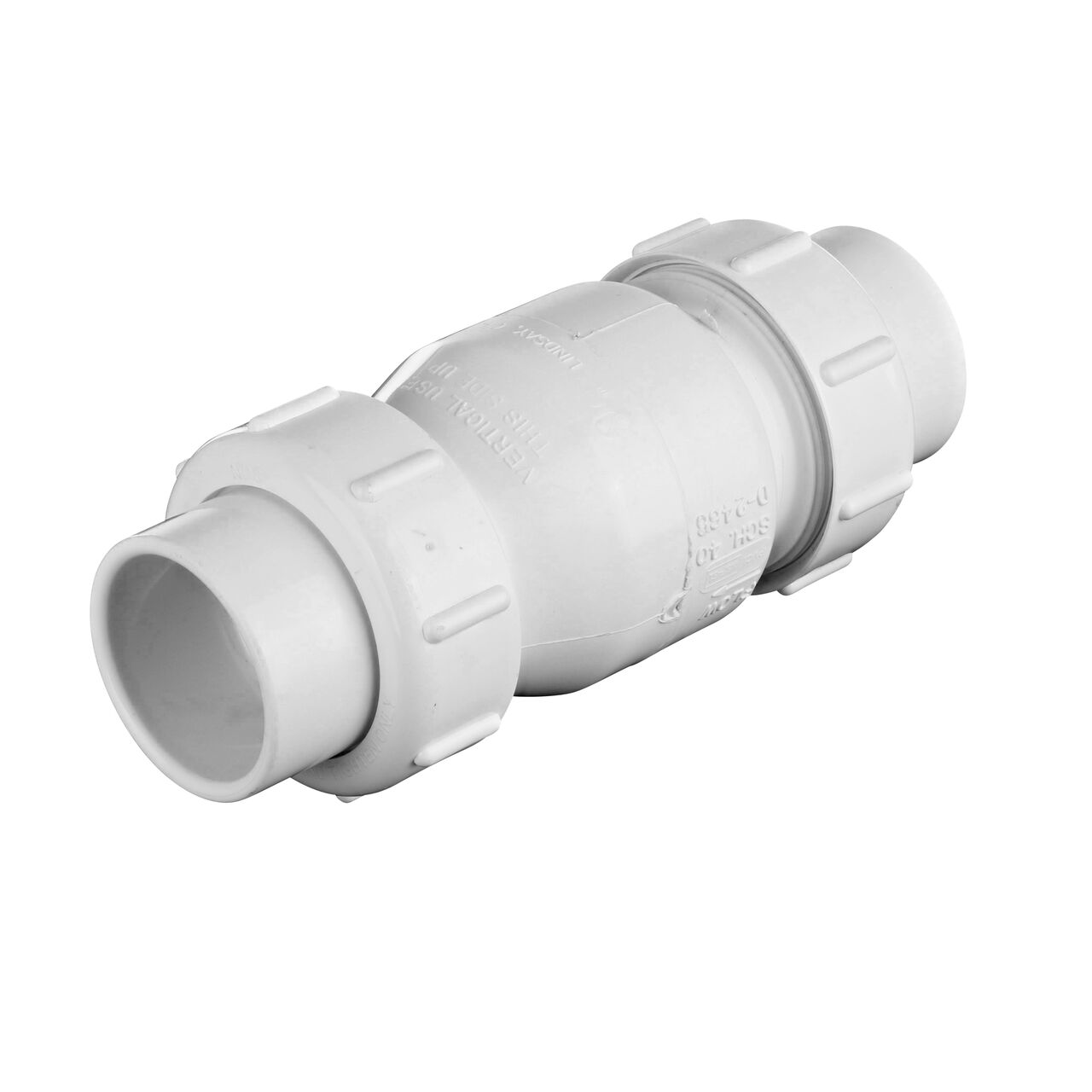 The white NDS 1-1/2 in. PVC True Union Swing Check Valve (NDS 1720-15) directs water flow one-way through pipe