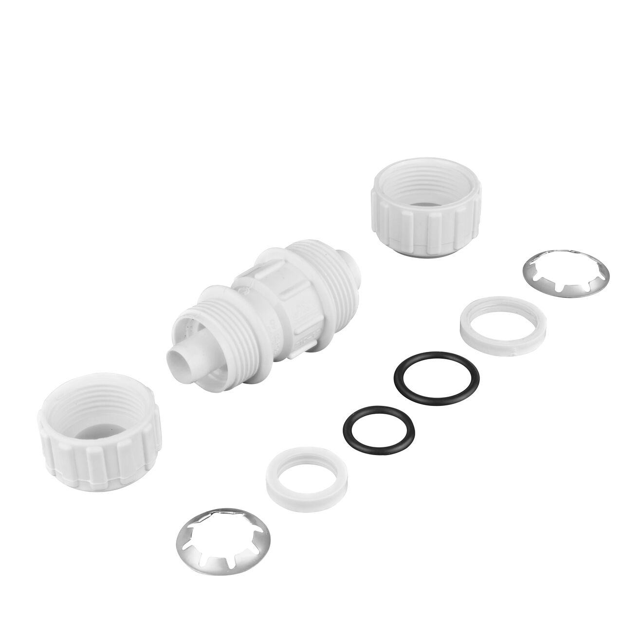 The NDS 1 in. SDR-9 X 3/4 in. SDR-11 Flo-Lock™ Gripper Reducer Coupling fully unassembled showing the steel gripper, EPDM O-Ring, and stiffner (NDS 710-17)