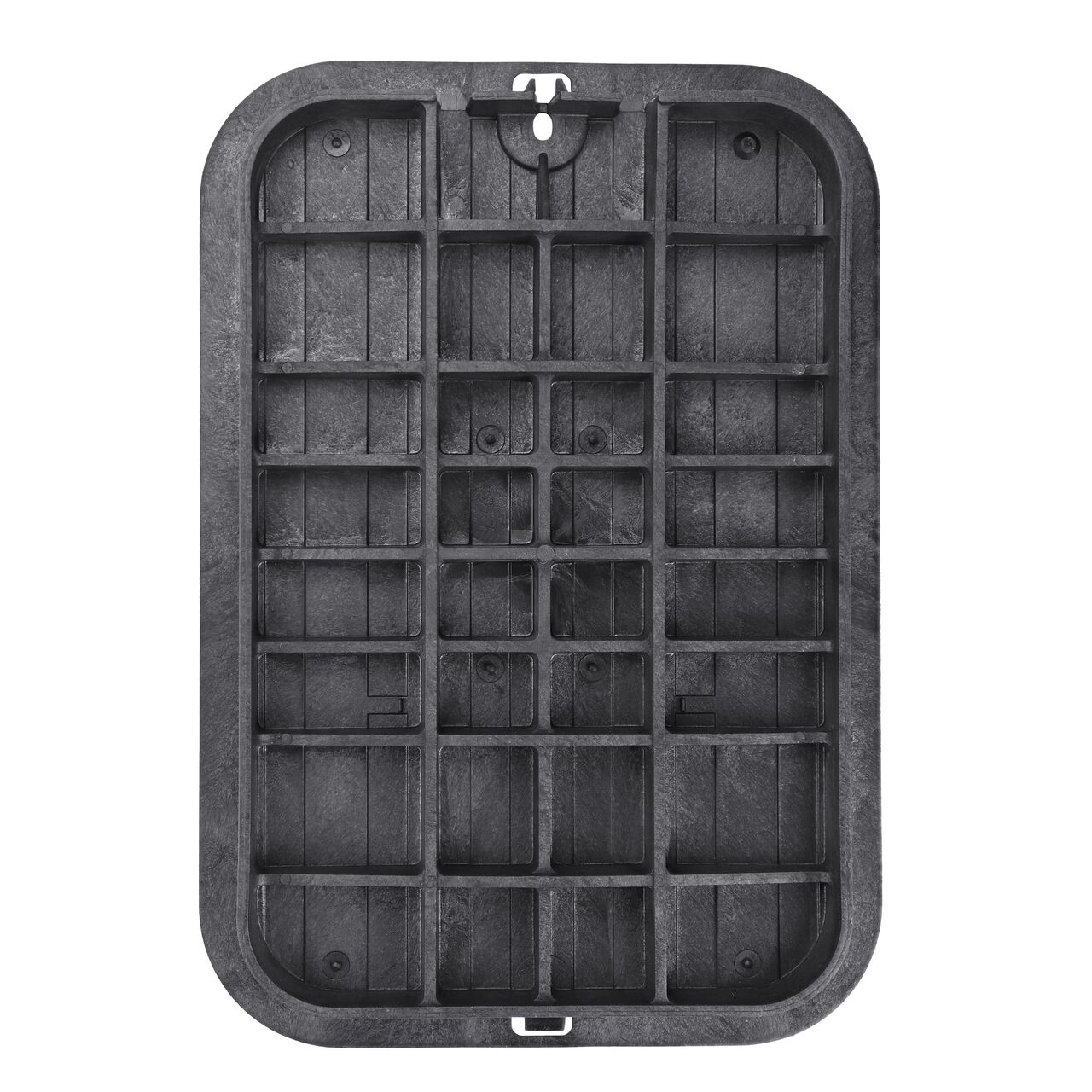 Top down view of the underside side of the Black Irrigation Control Valve cover for the NDS 12-5/8 in. Rectangular Pro-Spec® Series Jumbo Valve Box and Cover (NDS 317BCBBLK) showing reinforcing ribs that are load rated to withstand pedestrian traffic and the rigors of lawn care equipment