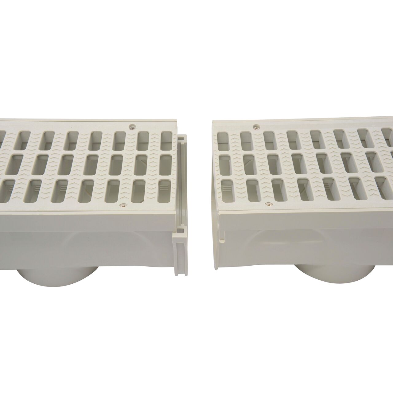 Line up two NDS 5 in. Pro Series Channel Drains to connect together with interlocking joints; no couplings required (NDS 864G*, NDS M864G, NDS 800)