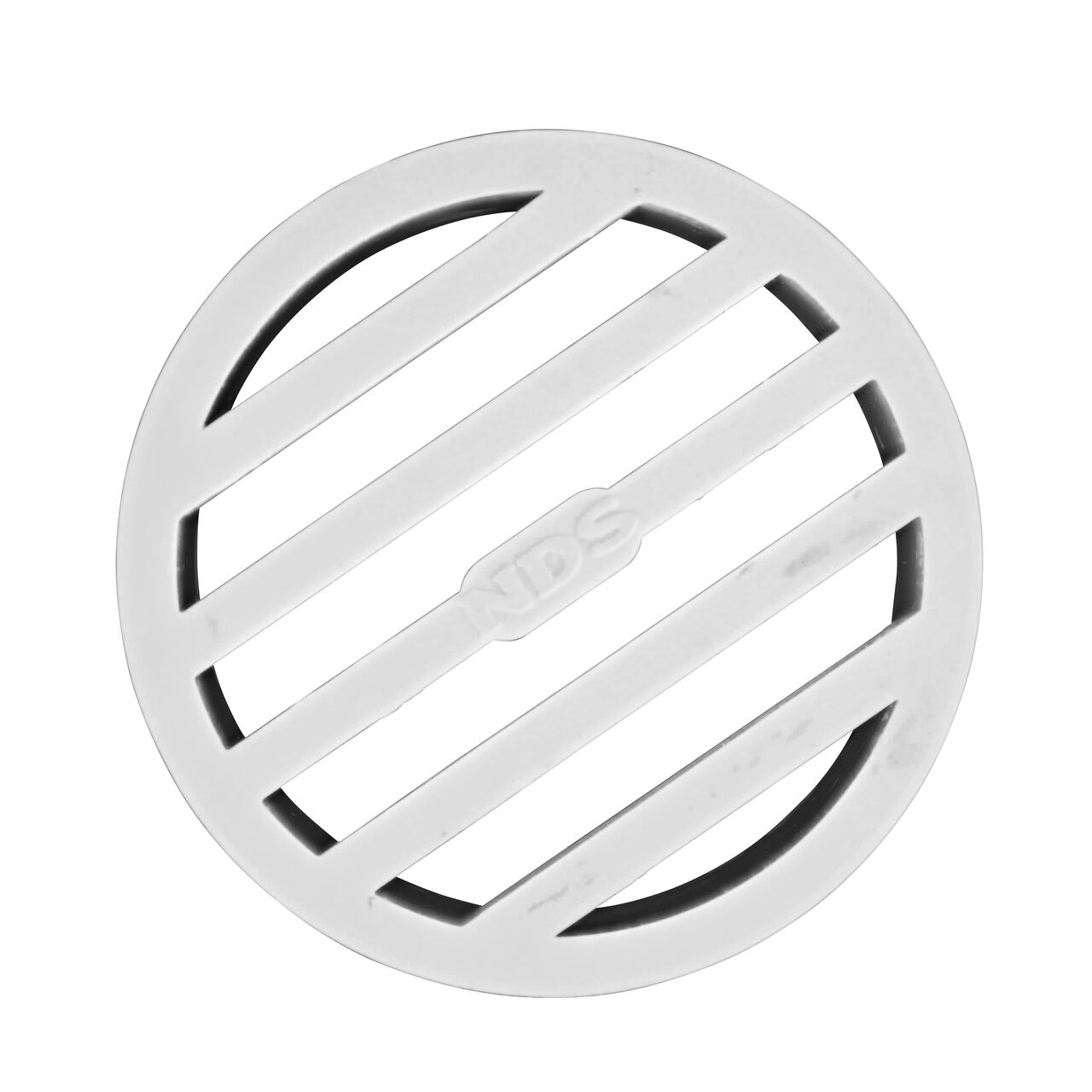 Top down view of the NDS white 3 in. round grate (NDS 9P12) which fits 3 in. sewer and drain fittings and is perfect for pool and spa applications