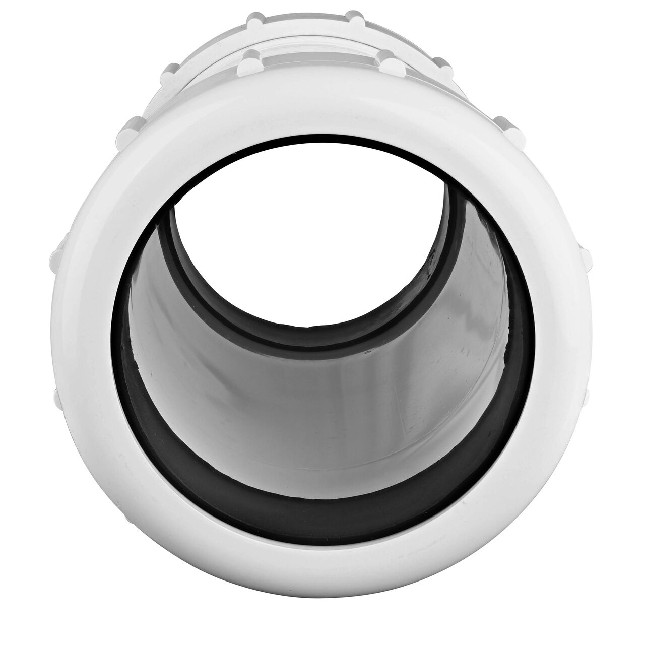 The NDS 4 in. IPS UC Compression Coupling showing the gasket inside the adjustable nut that secures it in place once installed (NDS CPC-4000)