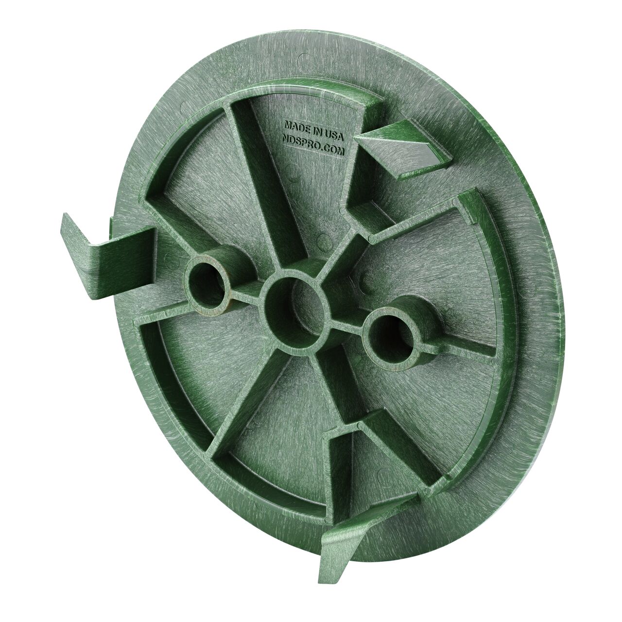 Alternate View of the 10 in. Round SureFit Universal Valve Box Lid tilted to the side; bottom of cover shown (NDS 10RND-UC)