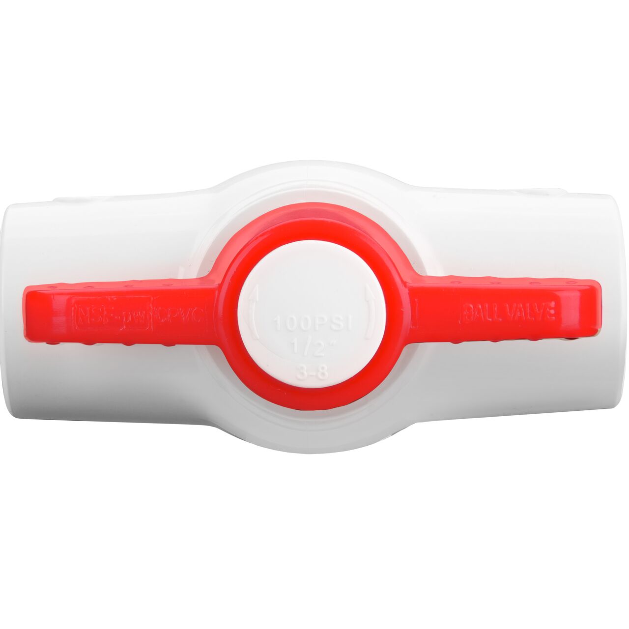 Closeup of the NDS CTS Ball Valve showing that the handle is made of durable CPVC material perfect for irrigation or other pressurized system (NDS C1310-05)