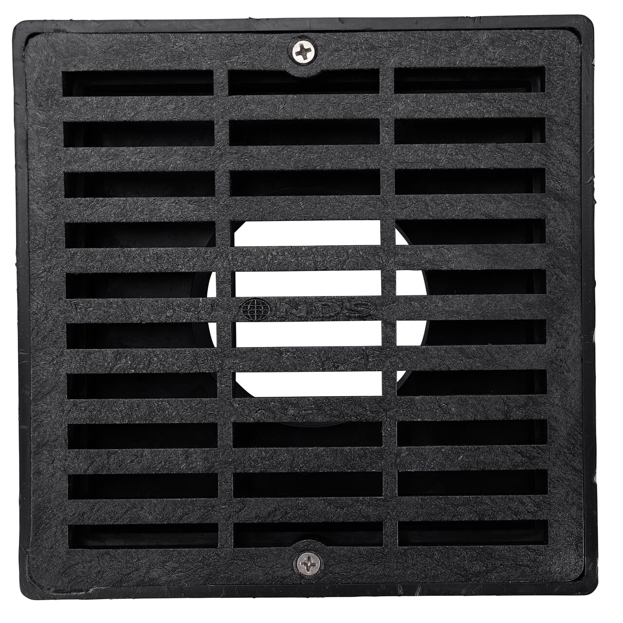 Top-down view of the NDS 6 in. Square Grate with Low-Profile Adapter, Black Plastic (NDS 640*, NDS 640)