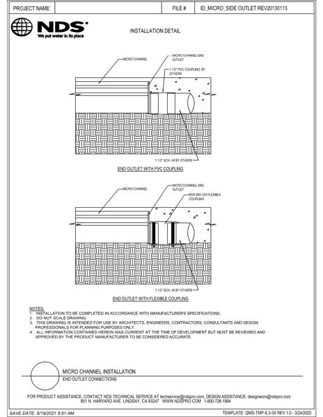 NDS Micro™ Channel Drains & Grates End Outlet Installation Detail