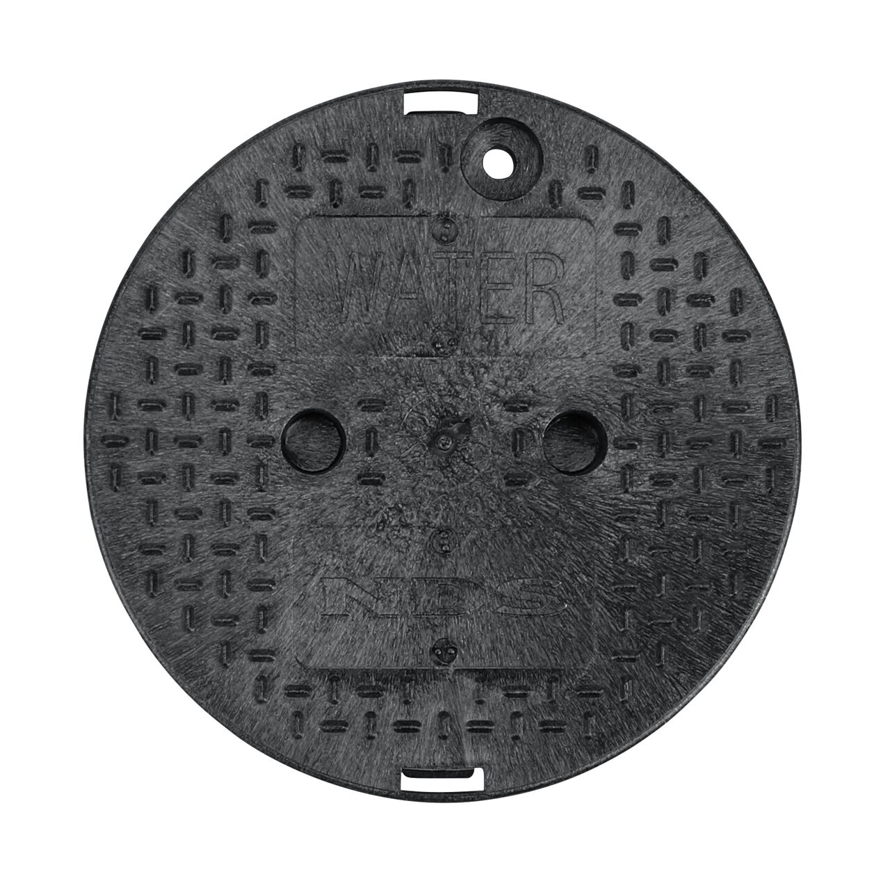 Top down view of the top side of the Black Water cover for the NDS 10 in. Round Standard Series (NDS 111BCW) shows markings, two finger slots to twist and remove lid
