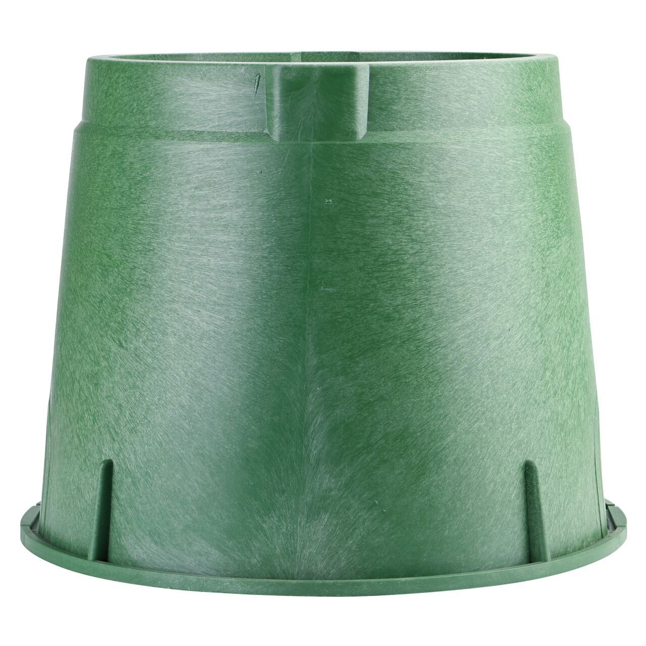 Side view of the non-pipe hole side on the NDS Green plastic 10 in. Round Standard Series Valve Box (NDS 112B) showing durability through the reinforced ribs and edging