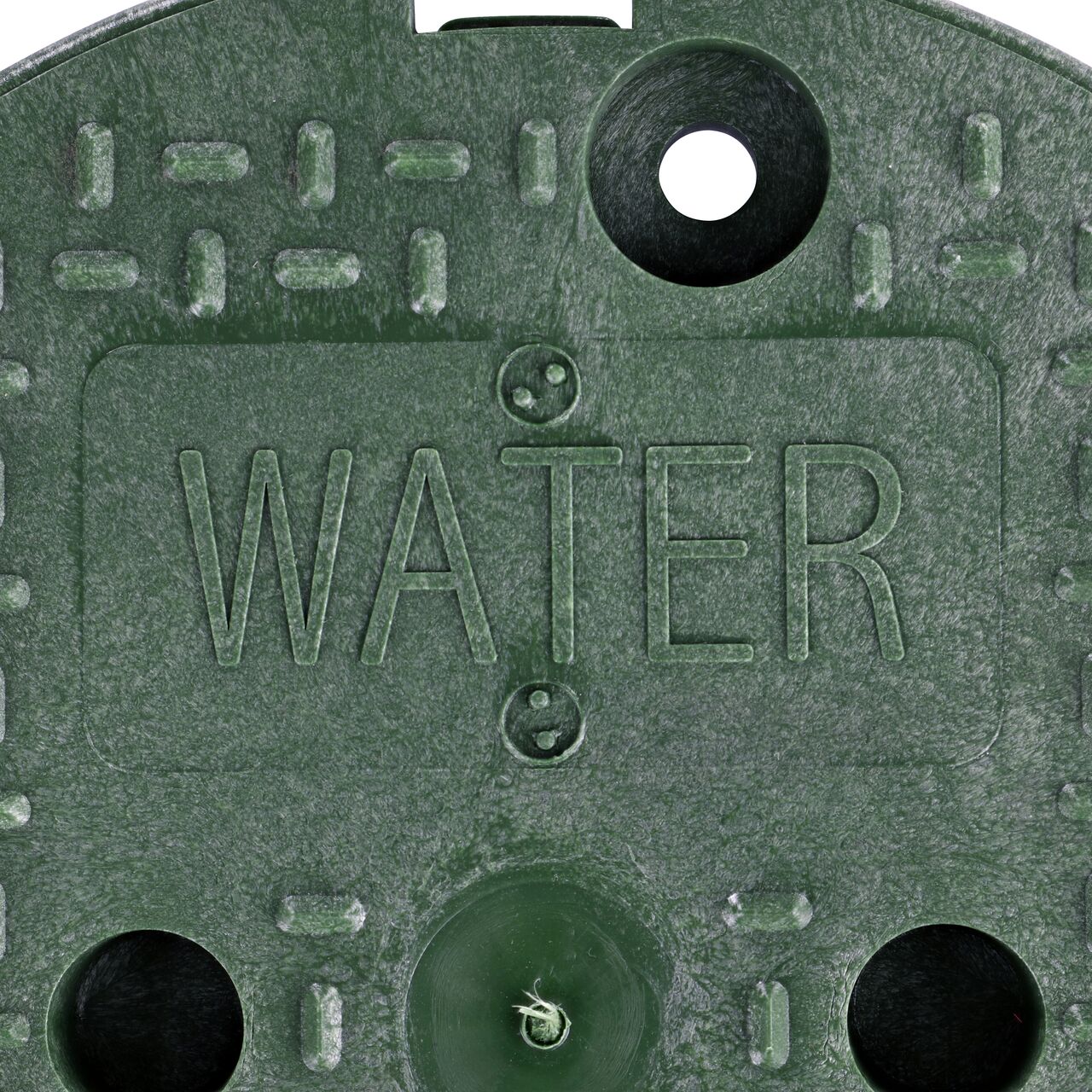 Closeup view of the water markings on the green cover for the NDS 10 in. Round Standard Series Valve Box (NDS 111CW)