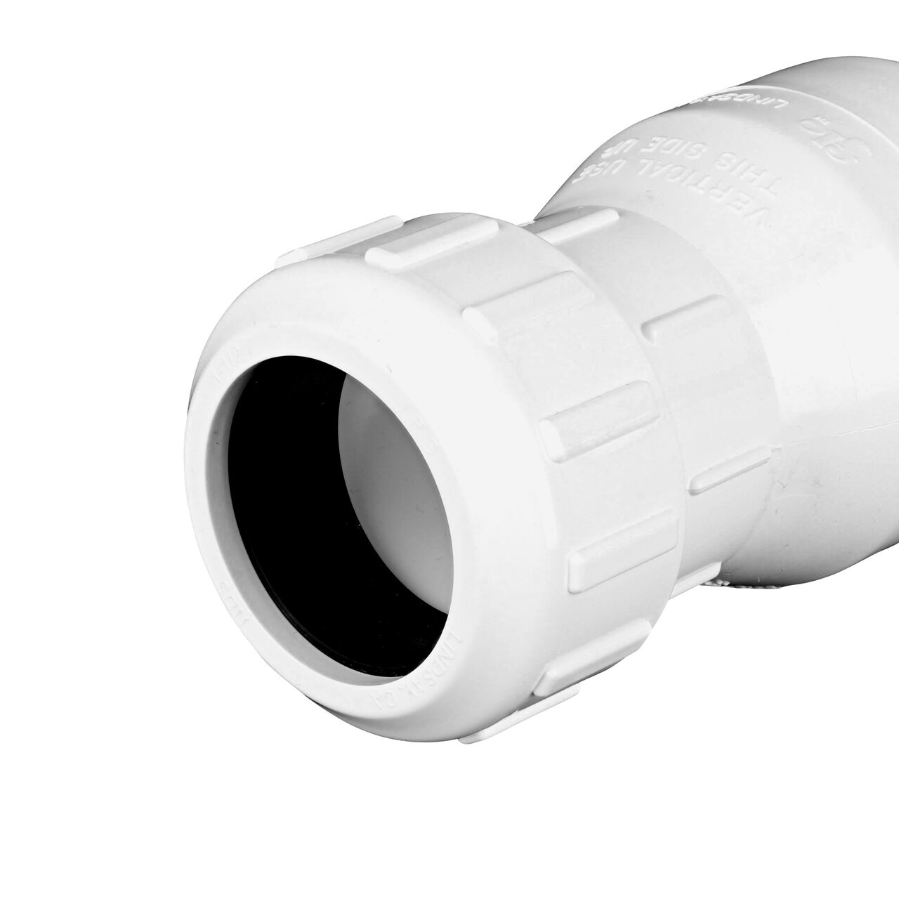 Closeup of outlet compression end of the NDS White 1-1/2 in. PVC Compression Swing Check Valve (NDS 1500-15)