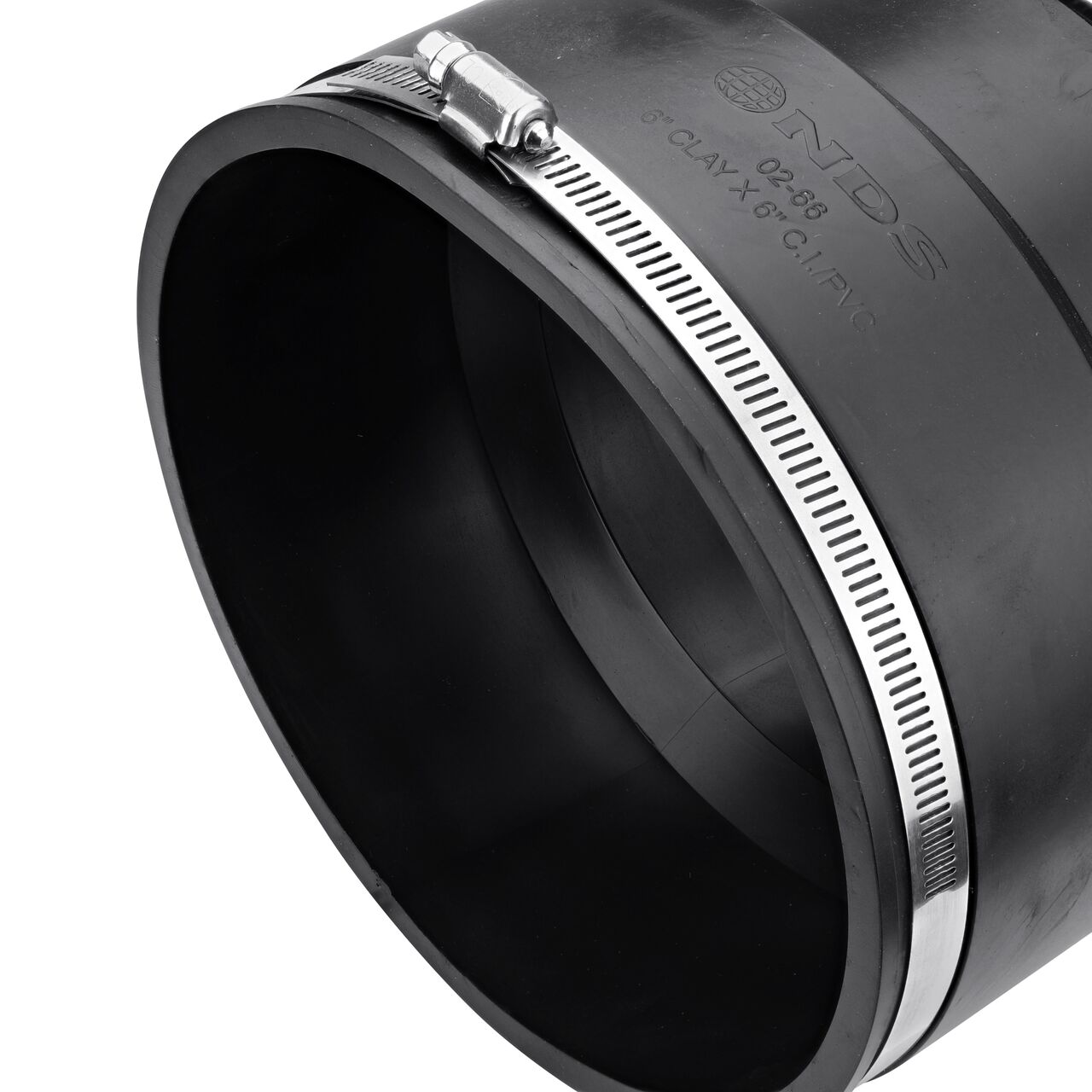 Closeup view of the large end on the NDS 6 in. flex coupling for clay pipe to cast iron or plastic pipe (NDS 02-66)