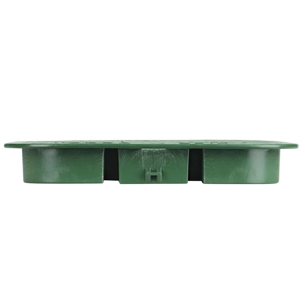 The NDS 13 X 20 in. Rectangular Standard Series Green Irrigation Control Valve Box Cover (NDS 117C) is an overlapping lid shown here from the side, that prevents dirt and debris from entering the valve box