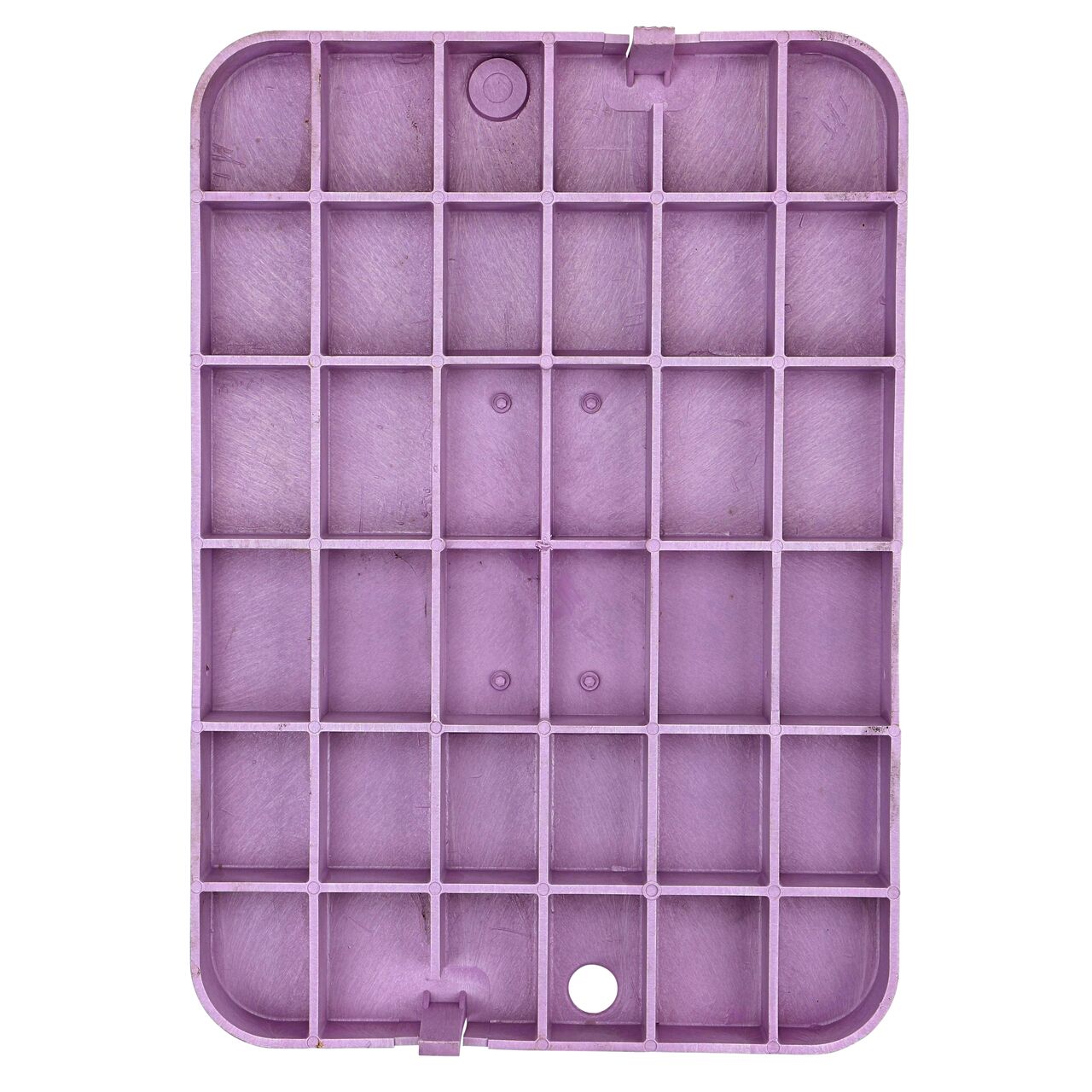 Top down view of the underside of the Purple Reclaimed Water cover (NDS D1500-DISPL) for the NDS 13 in. X 20 in. Rectangular Standard Series meter box showing reinforcing ribs that help support pedestrian and lawn care equipment